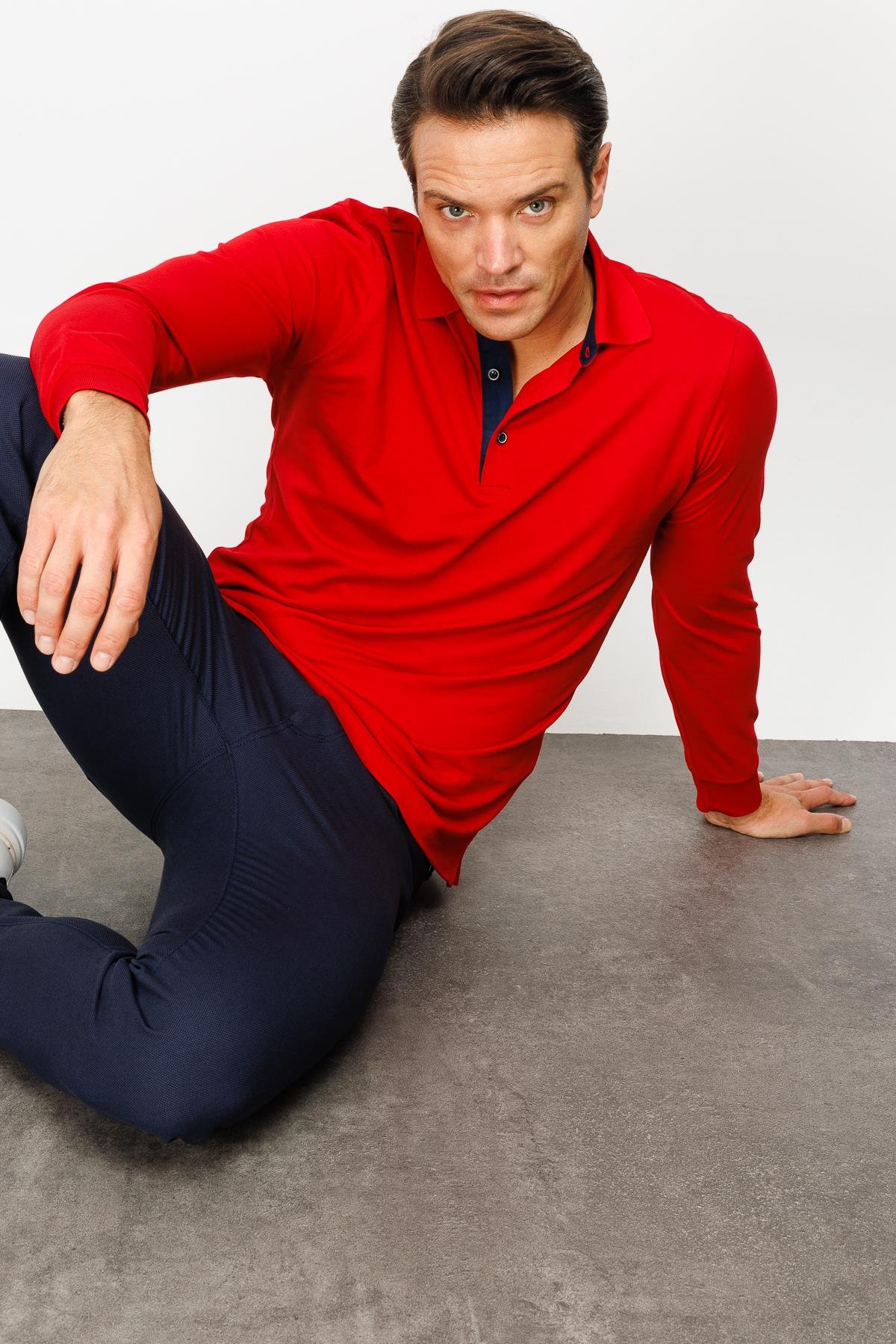 960Erkek Polo Yaka Uzun Kollu Sweatshirt Kırmızı