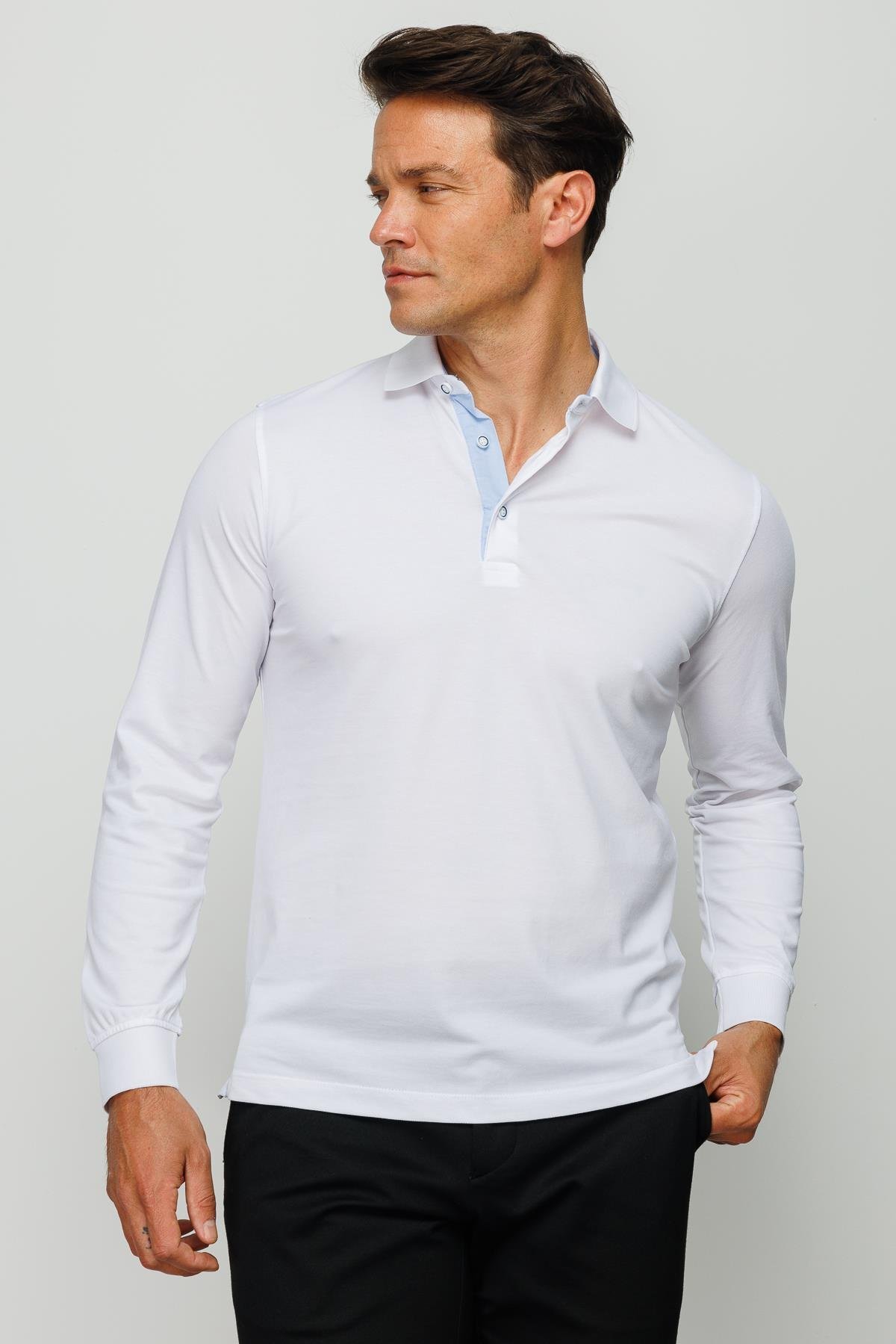 960Erkek Polo Yaka Uzun Kollu Sweatshirt Beyaz