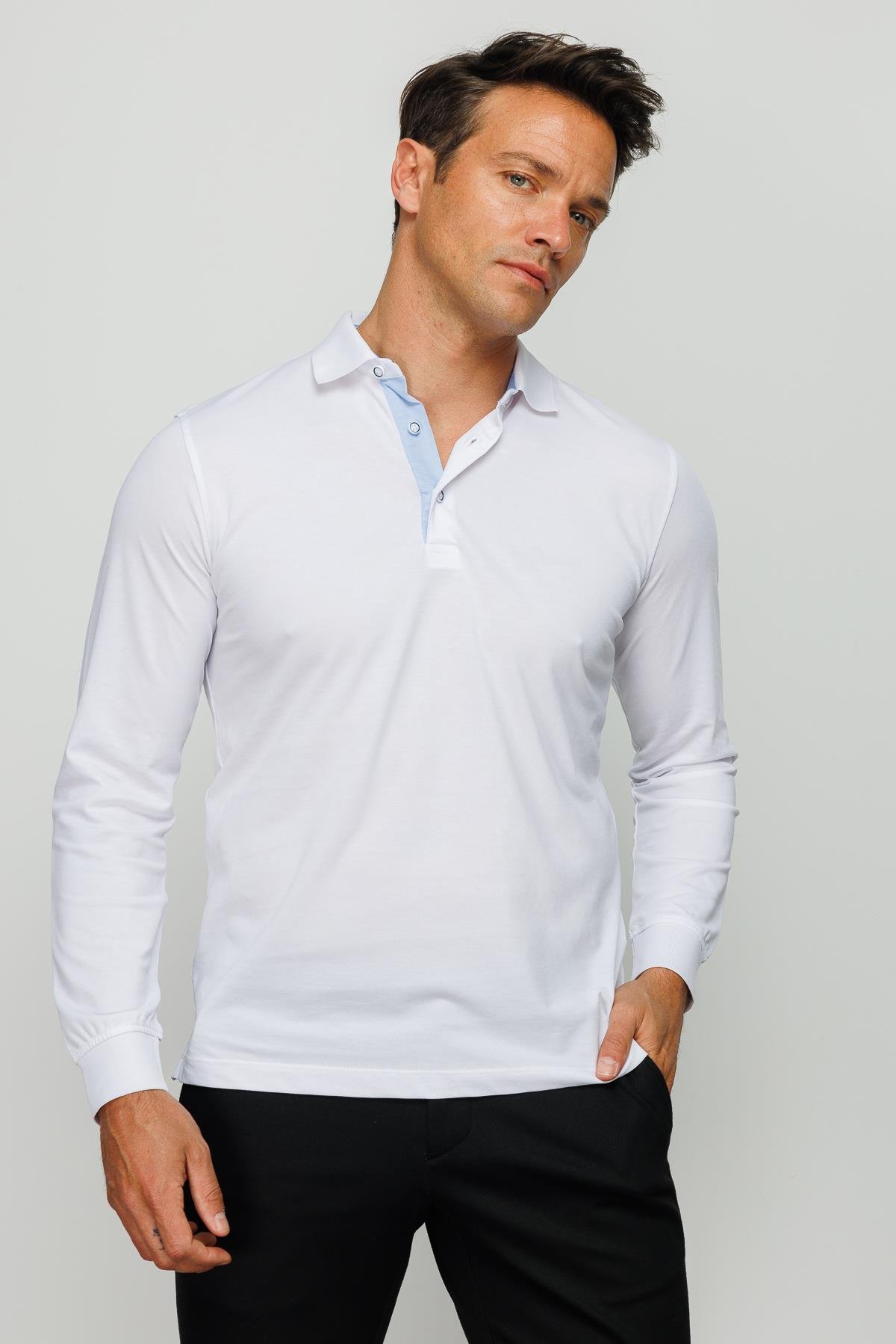 960Erkek Polo Yaka Uzun Kollu Sweatshirt Beyaz