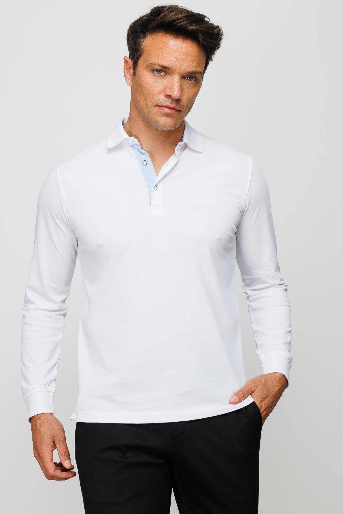 960Erkek Polo Yaka Uzun Kollu Sweatshirt Beyaz