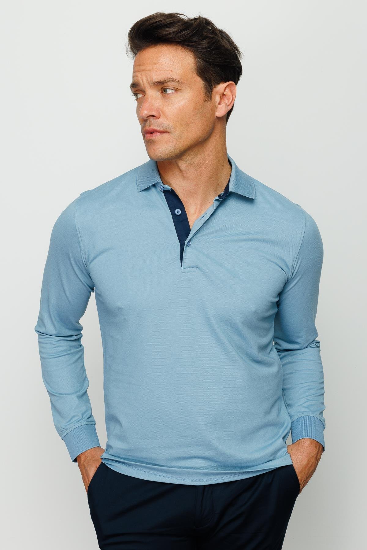 960Erkek Polo Yaka Uzun Kollu Sweatshirt H.Mavi
