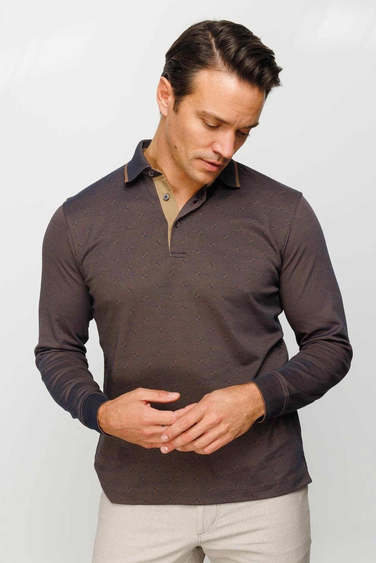 701Erkek Polo Yaka Uzun Kollu Sweatshirt Kahve