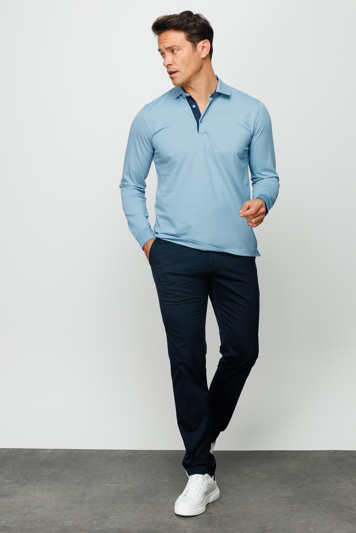 960Erkek Polo Yaka Uzun Kollu Sweatshirt H.Mavi