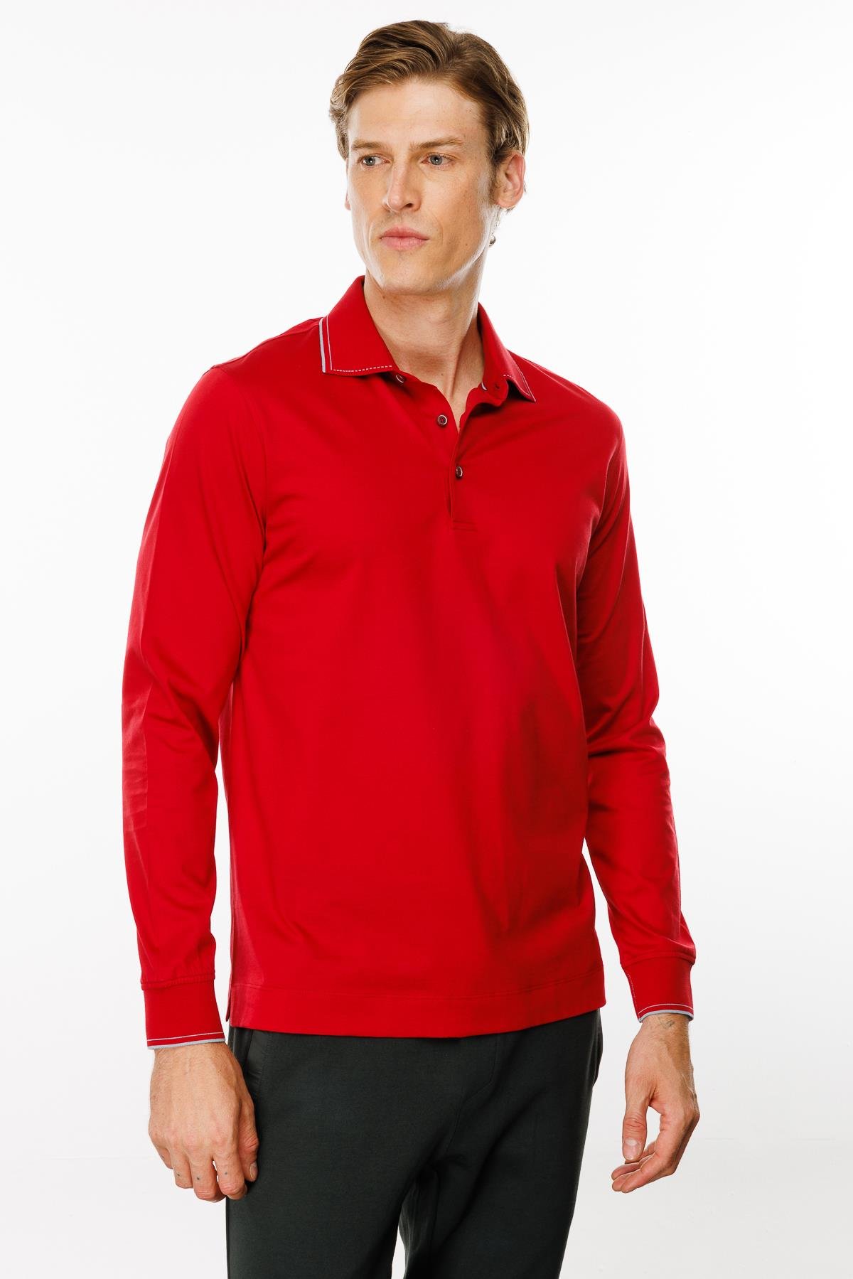 MTA 13Erkek Polo Yaka Uzun Kollu Sweatshirt Kırmızı