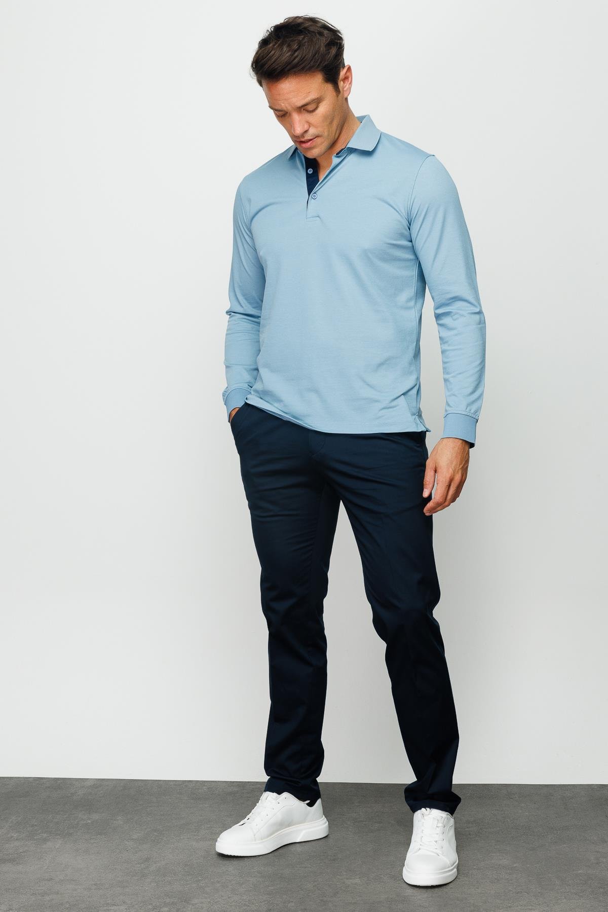 960Erkek Polo Yaka Uzun Kollu Sweatshirt H.Mavi