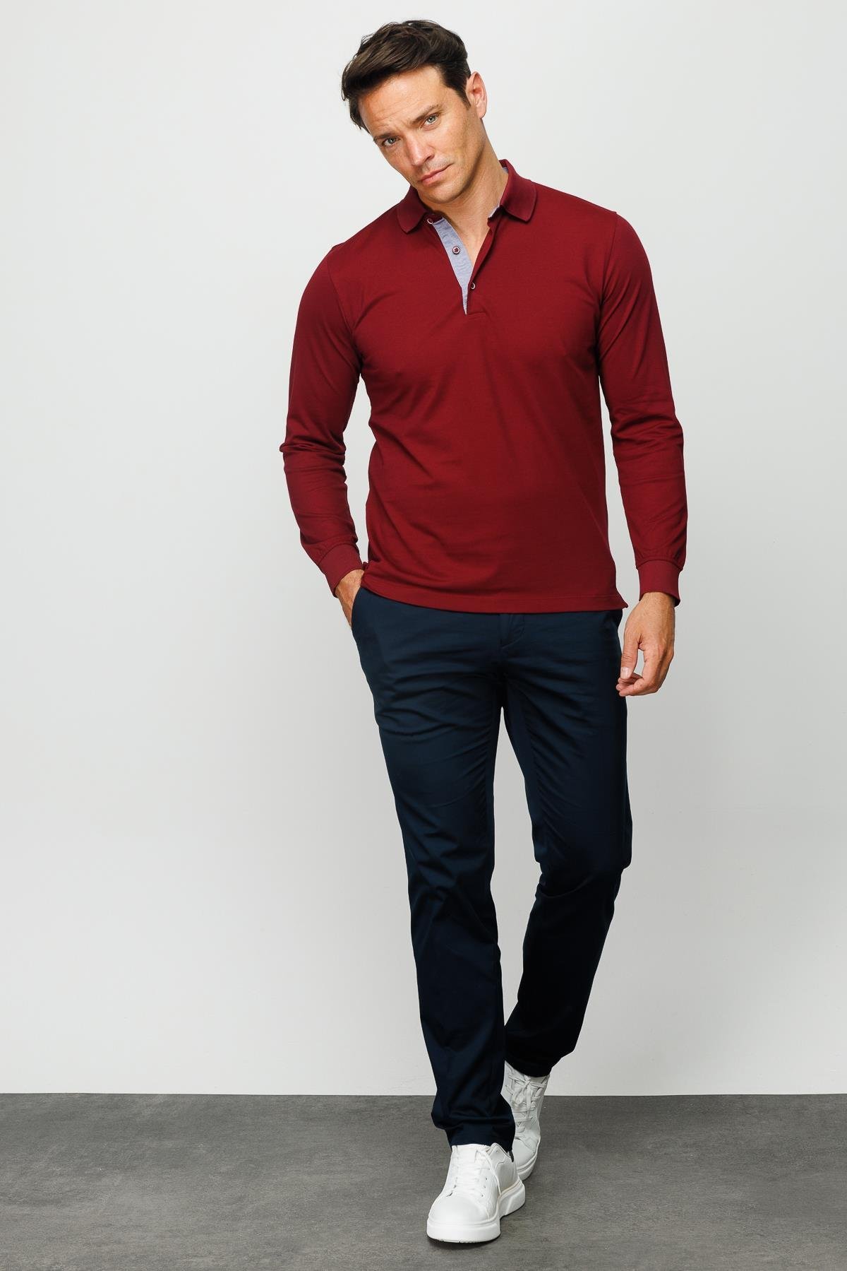 960Erkek Polo Yaka Uzun Kollu Sweatshirt Bordo