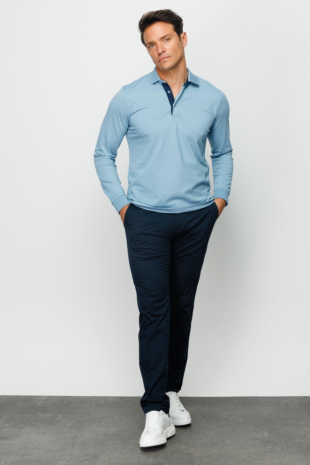 960Erkek Polo Yaka Uzun Kollu Sweatshirt H.Mavi