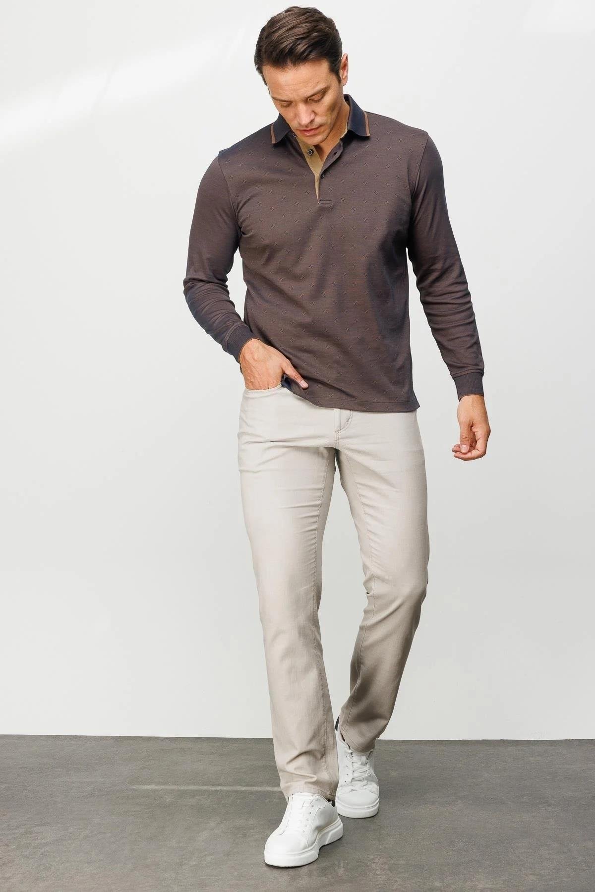 701Erkek Polo Yaka Uzun Kollu Sweatshirt Kahve