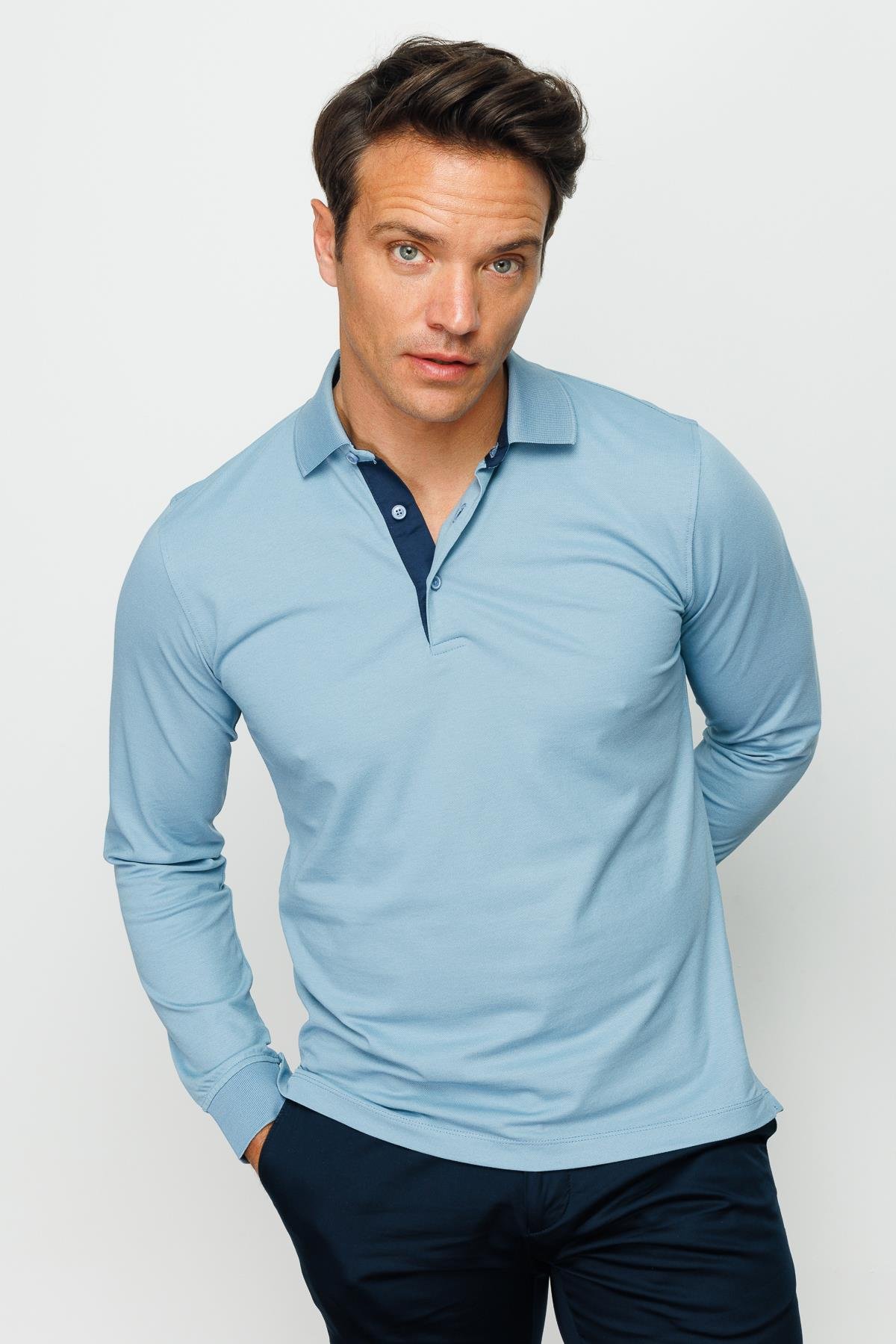 960Erkek Polo Yaka Uzun Kollu Sweatshirt H.Mavi