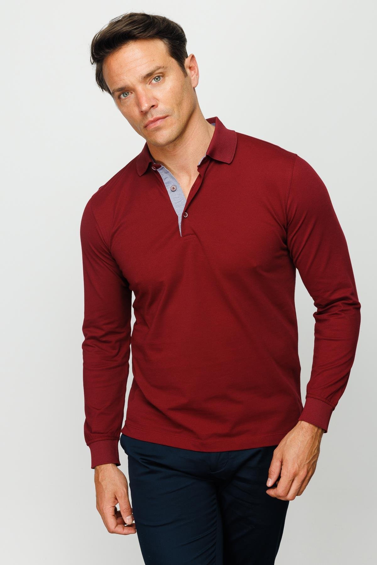 960Erkek Polo Yaka Uzun Kollu Sweatshirt Bordo