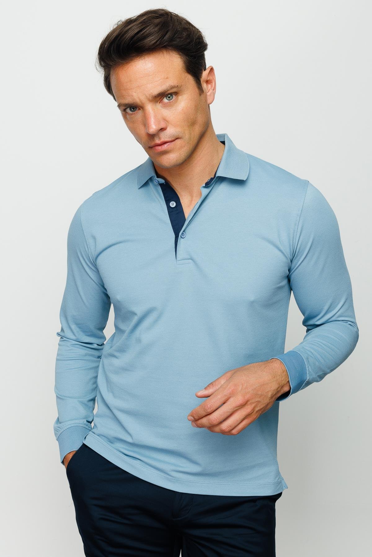 960Erkek Polo Yaka Uzun Kollu Sweatshirt H.Mavi