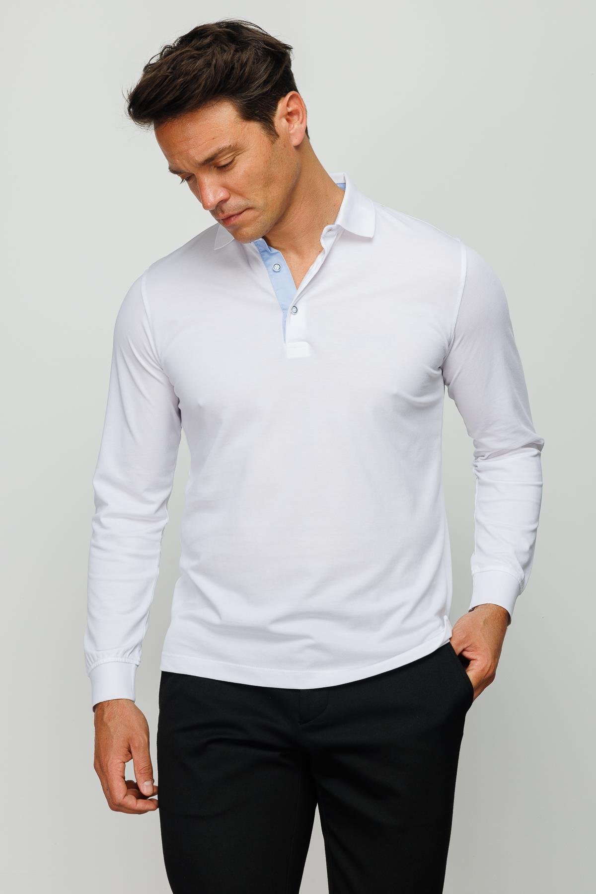 960Erkek Polo Yaka Uzun Kollu Sweatshirt Beyaz