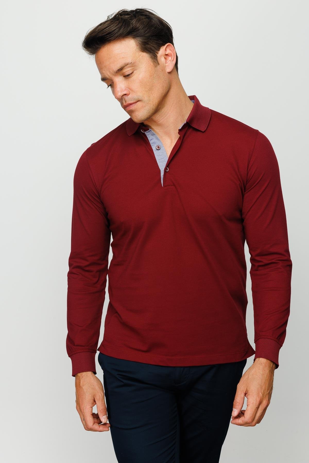 960Erkek Polo Yaka Uzun Kollu Sweatshirt Bordo