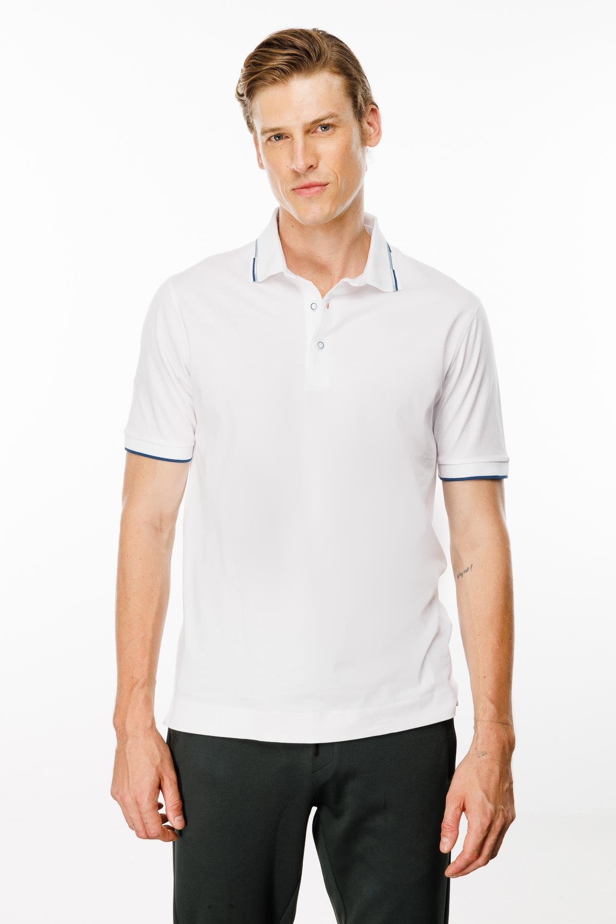 MTA 20Erkek Polo Yaka Yakası Çizgili T-shirt Beyaz