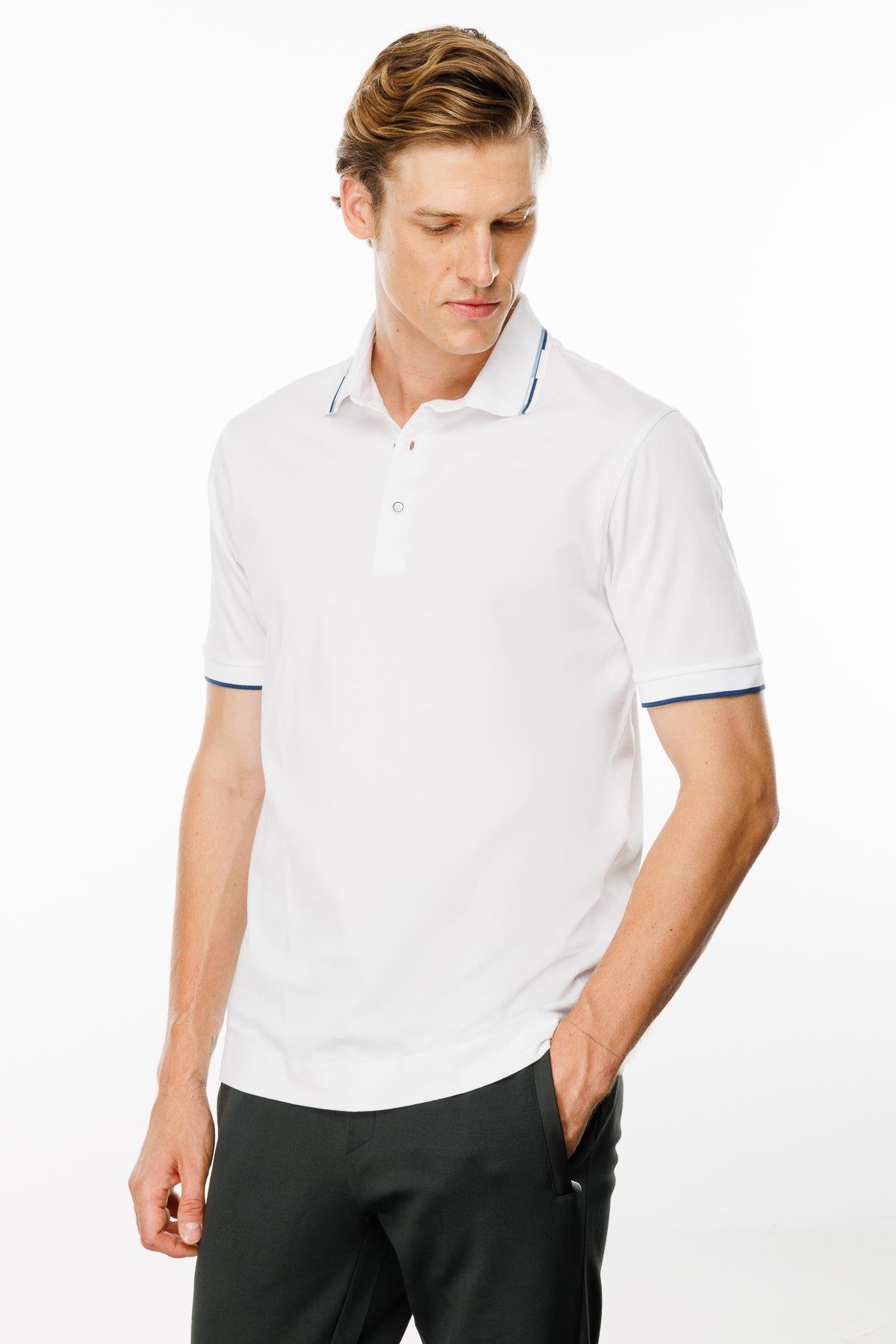 MTA 20Erkek Polo Yaka Yakası Çizgili T-shirt Beyaz