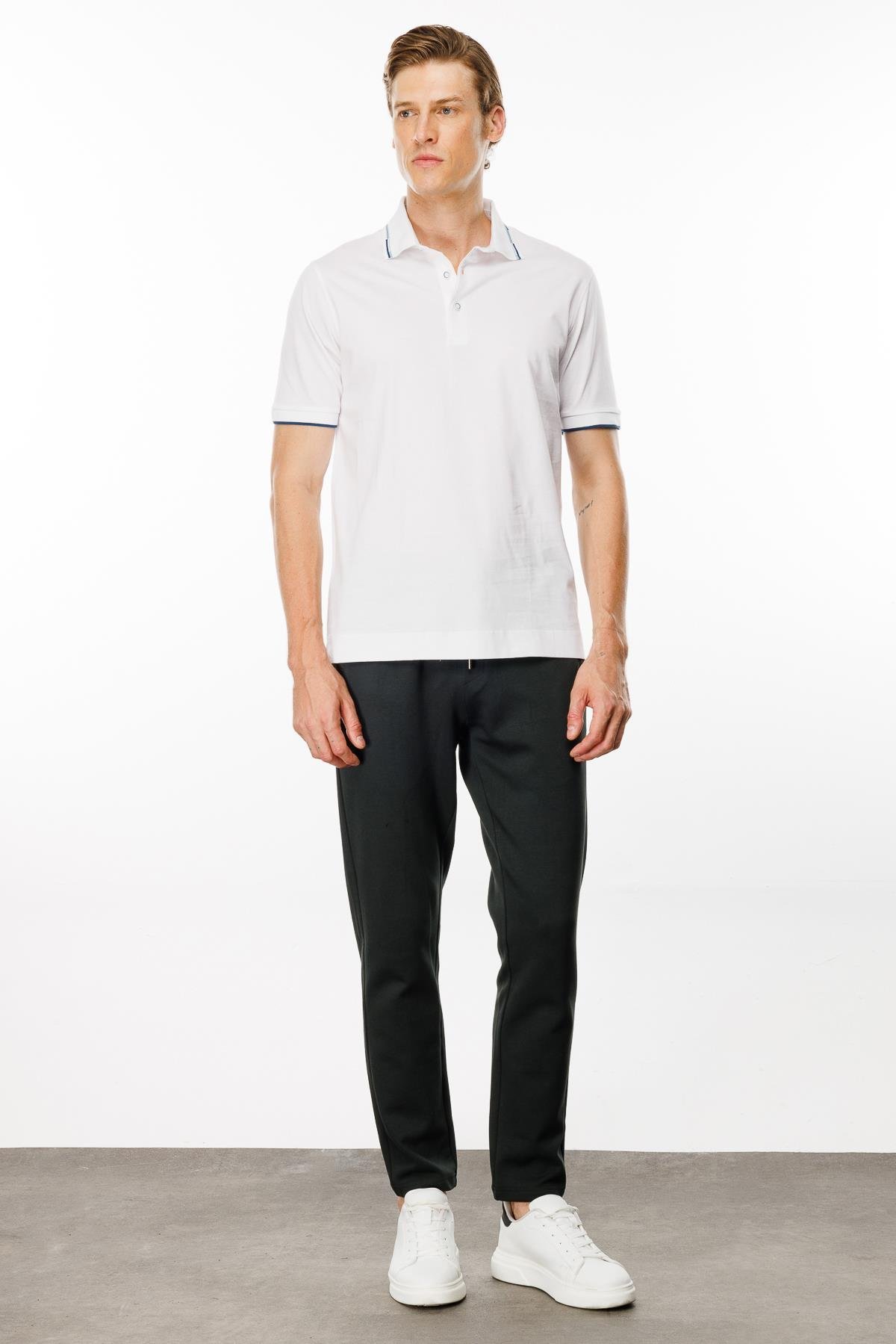 MTA 20Erkek Polo Yaka Yakası Çizgili T-shirt Beyaz