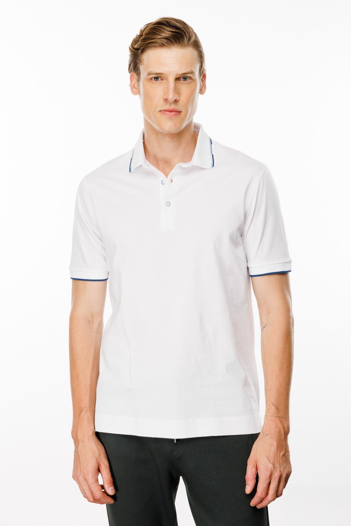 MTA 20Erkek Polo Yaka Yakası Çizgili T-shirt Beyaz