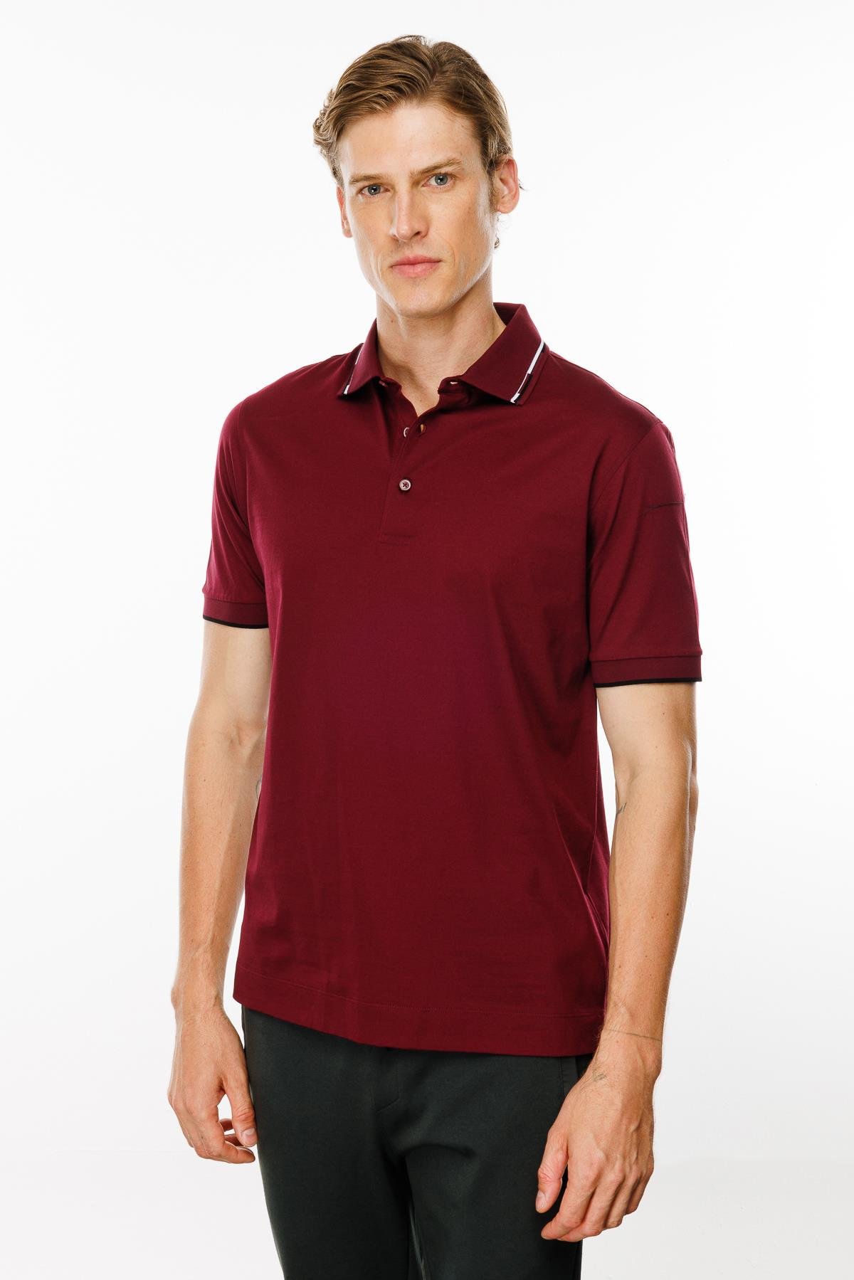 MTA 20Erkek Polo Yaka Yakası Çizgili T-shirt Bordo