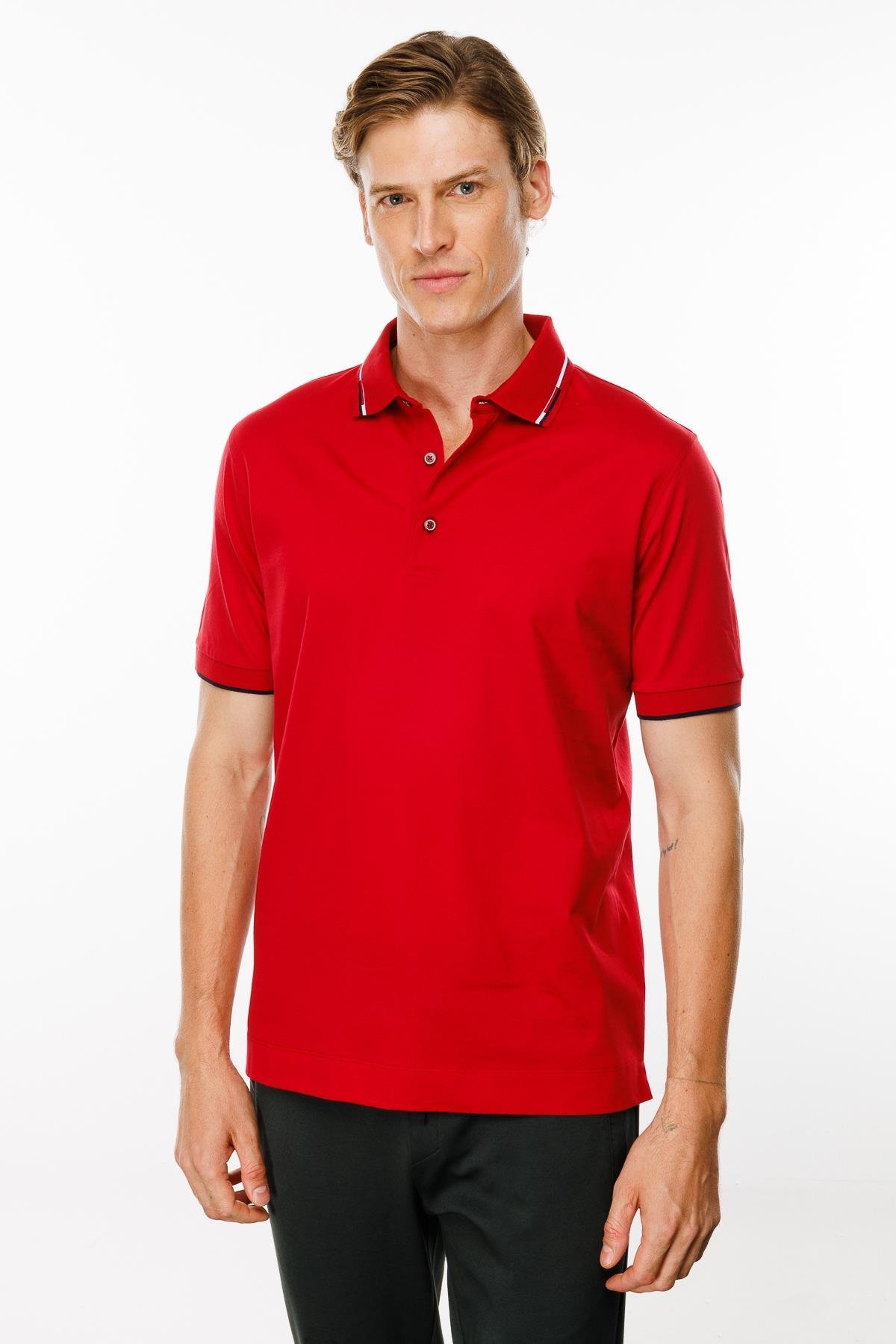 MTA 20Erkek Polo Yaka Yakası Çizgili T-shirt Kırmızı