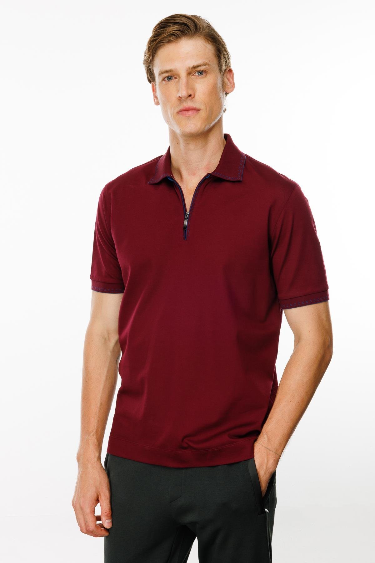 MTA 02Erkek Polo Yaka Yakası Fermuarlı T-shirt Bordo