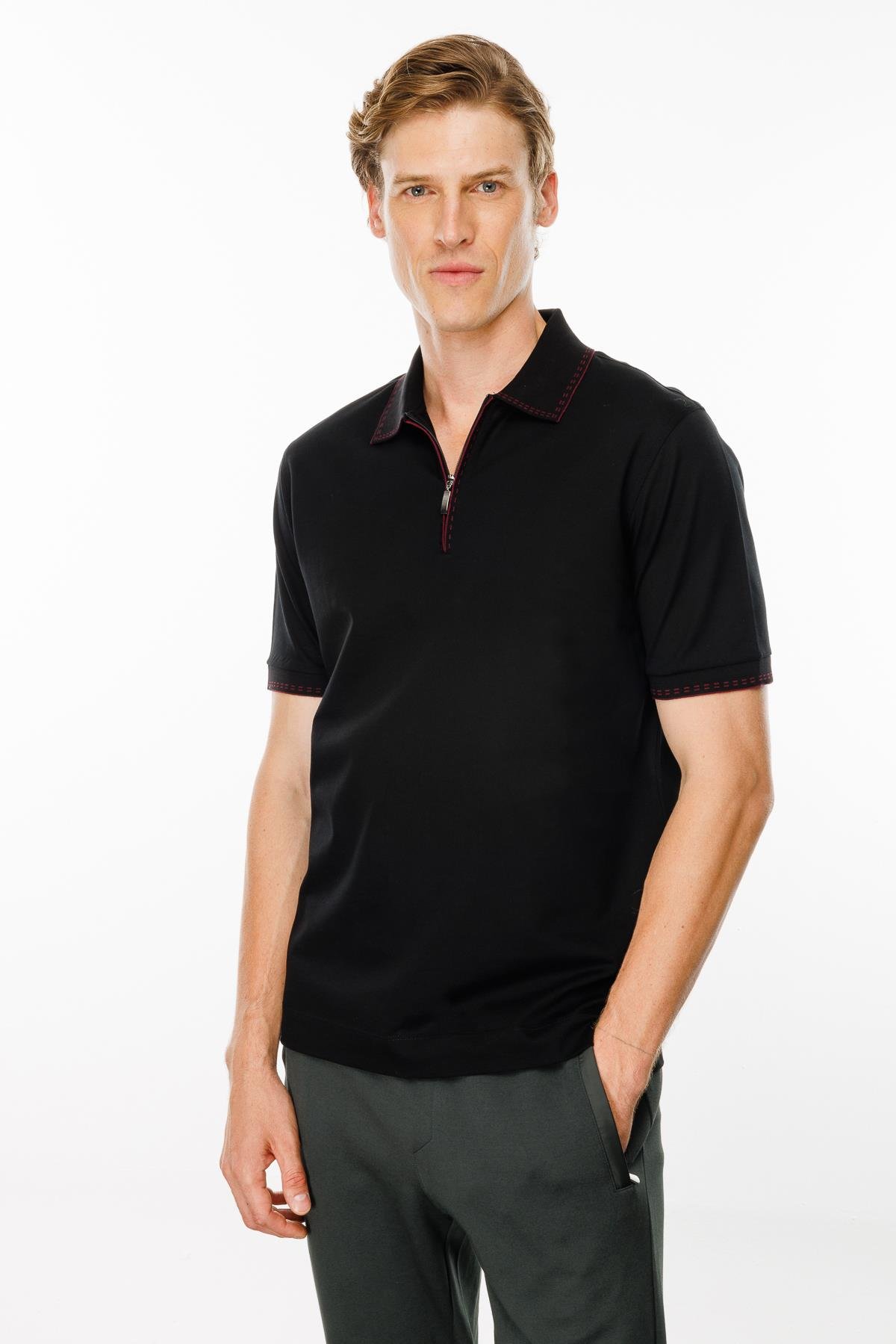 MTA 02Erkek Polo Yaka Yakası Fermuarlı T-shirt Siyah