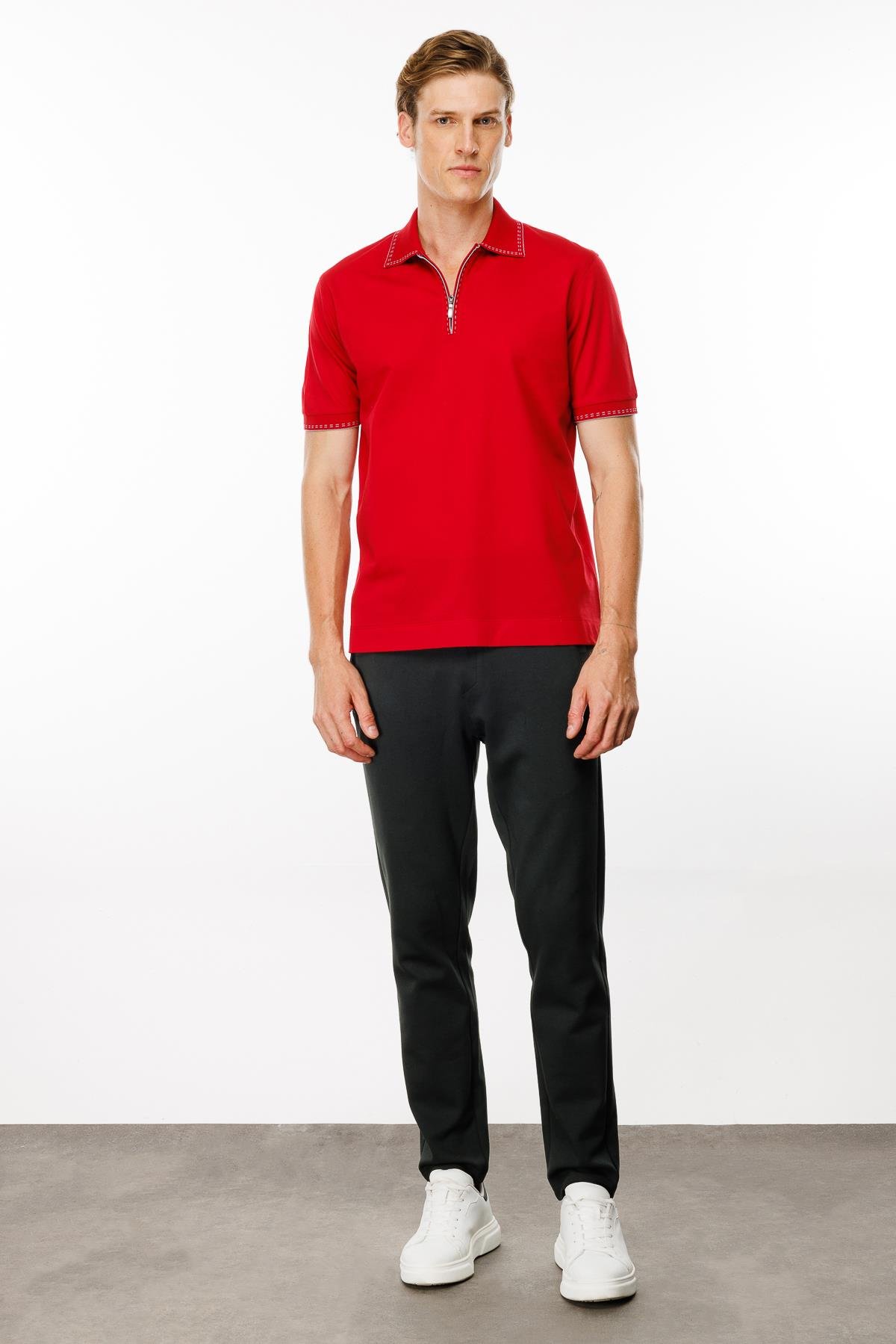 MTA 02Erkek Polo Yaka Yakası Fermuarlı T-shirt Kırmızı