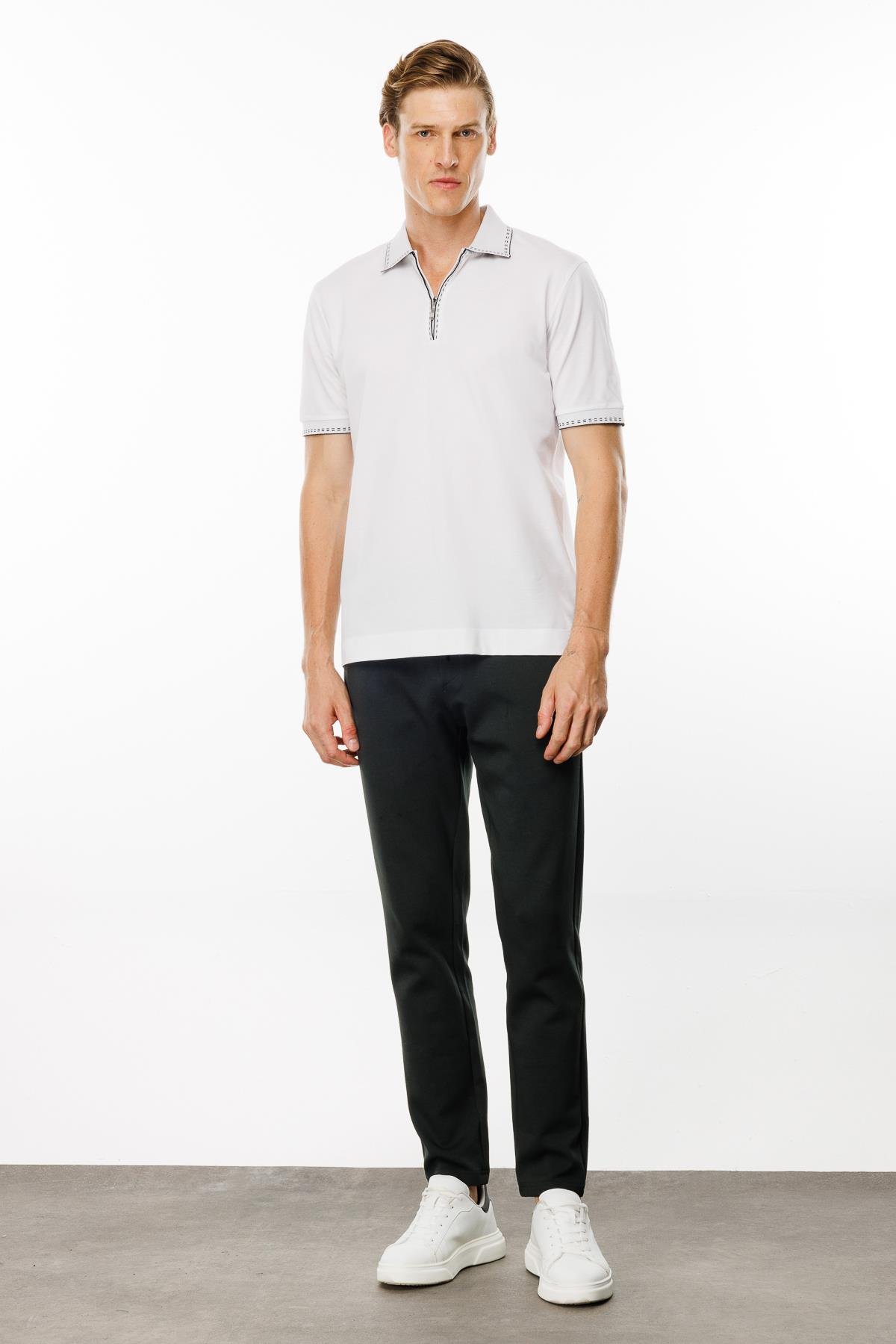 MTA 02Erkek Polo Yaka Yakası Fermuarlı T-shirt Beyaz