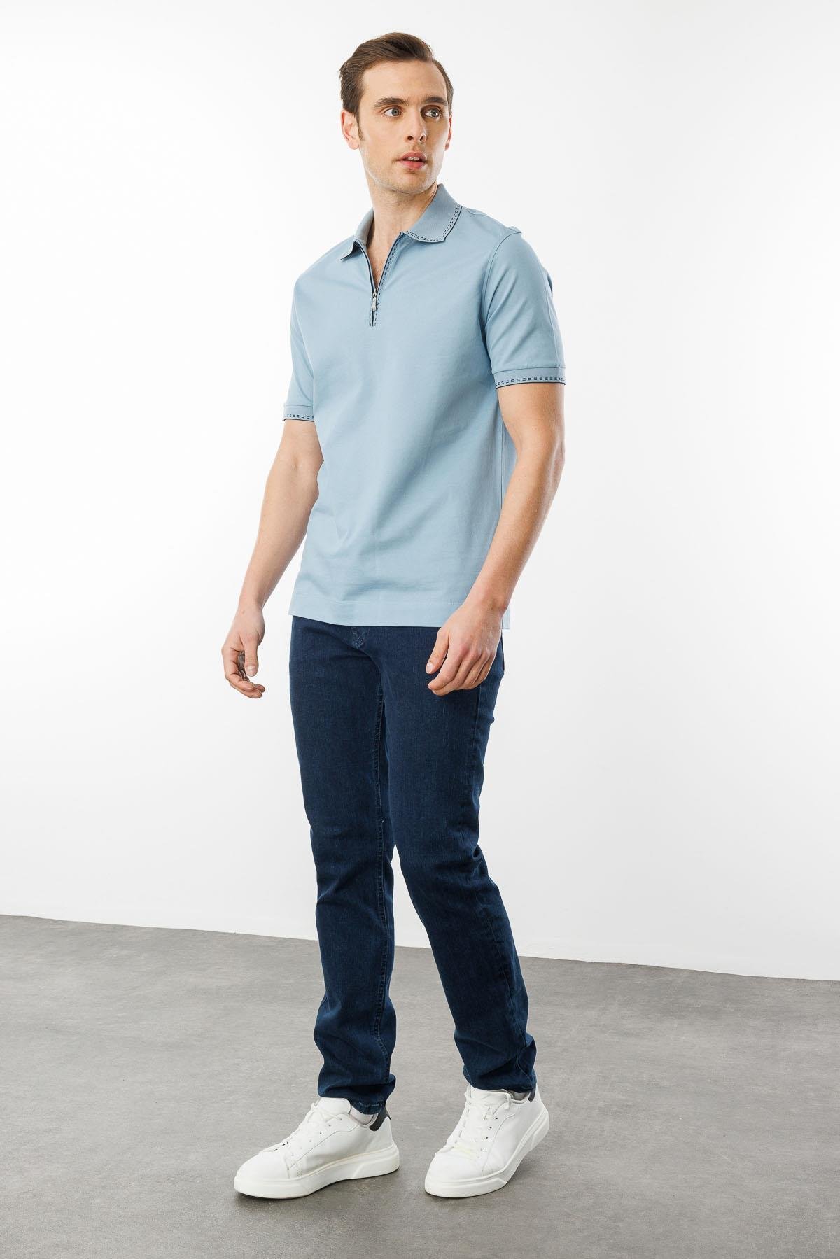 MTA 02Erkek Polo Yaka Yakası Fermuarlı T-shirt Mavi