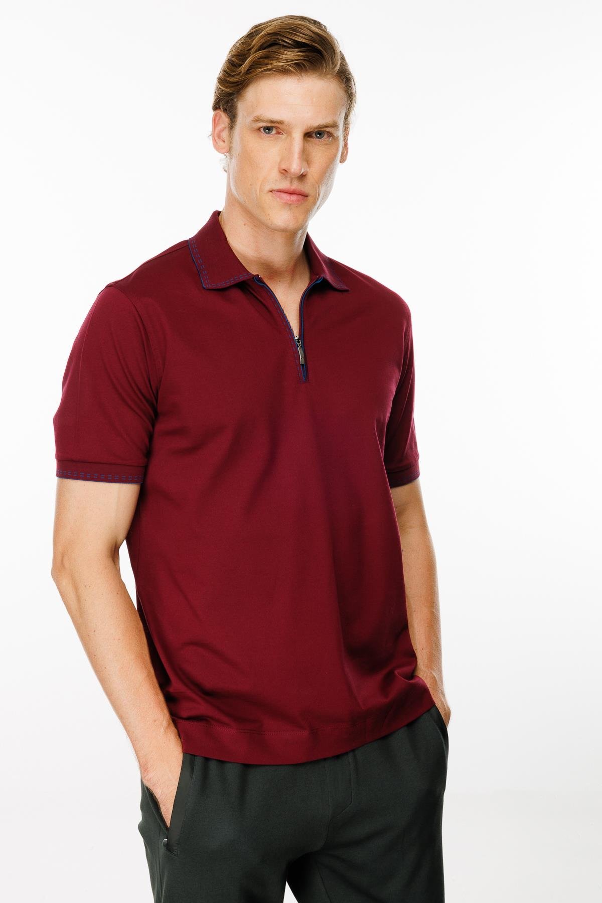 MTA 02Erkek Polo Yaka Yakası Fermuarlı T-shirt Bordo