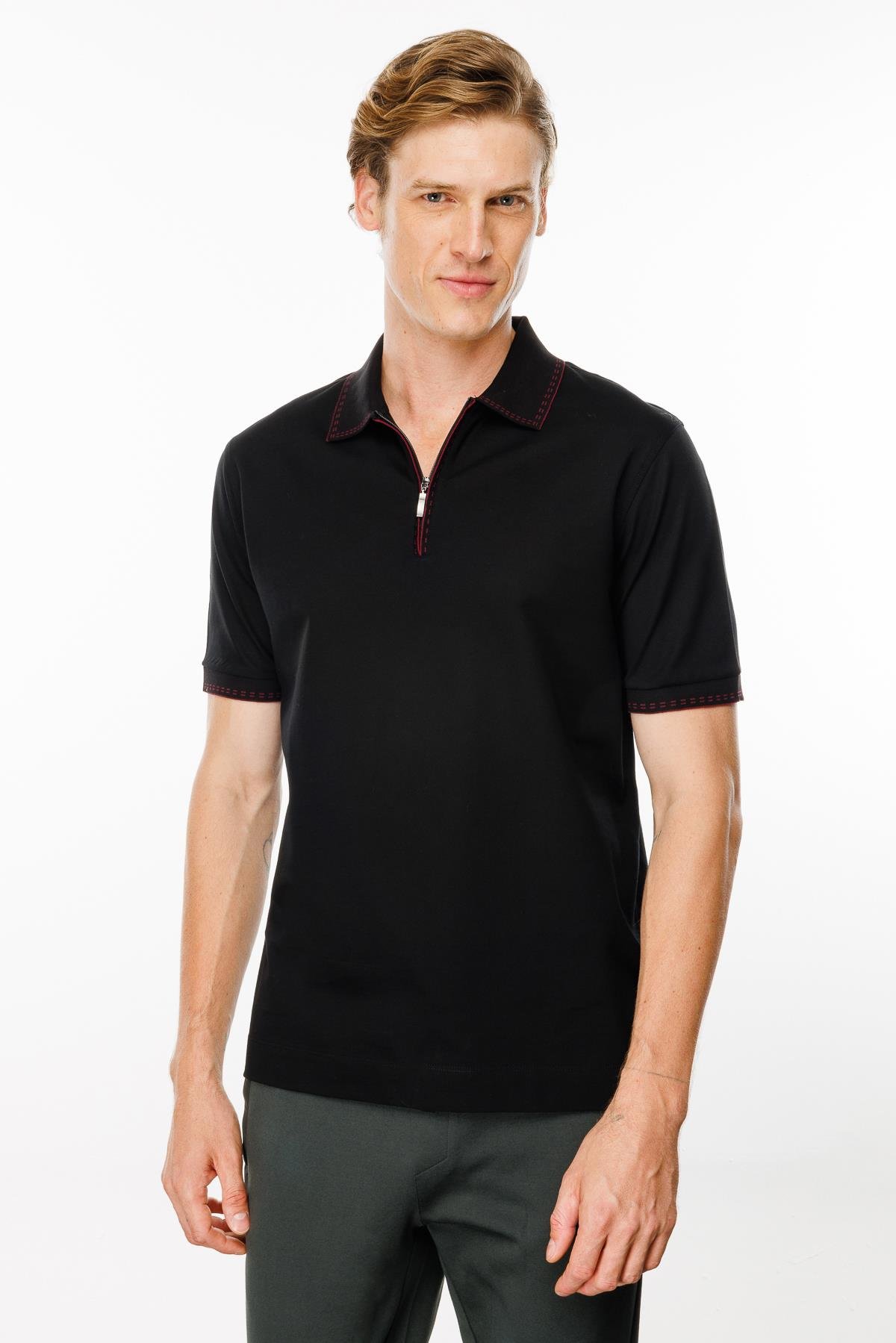 MTA 02Erkek Polo Yaka Yakası Fermuarlı T-shirt Siyah