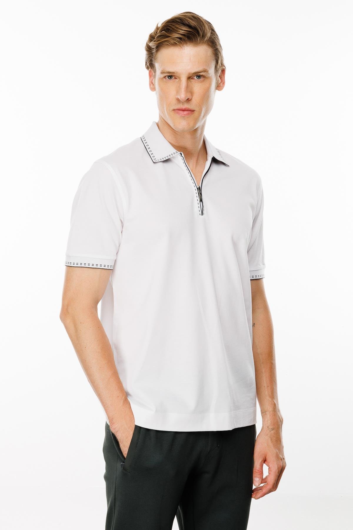 MTA 02Erkek Polo Yaka Yakası Fermuarlı T-shirt Beyaz