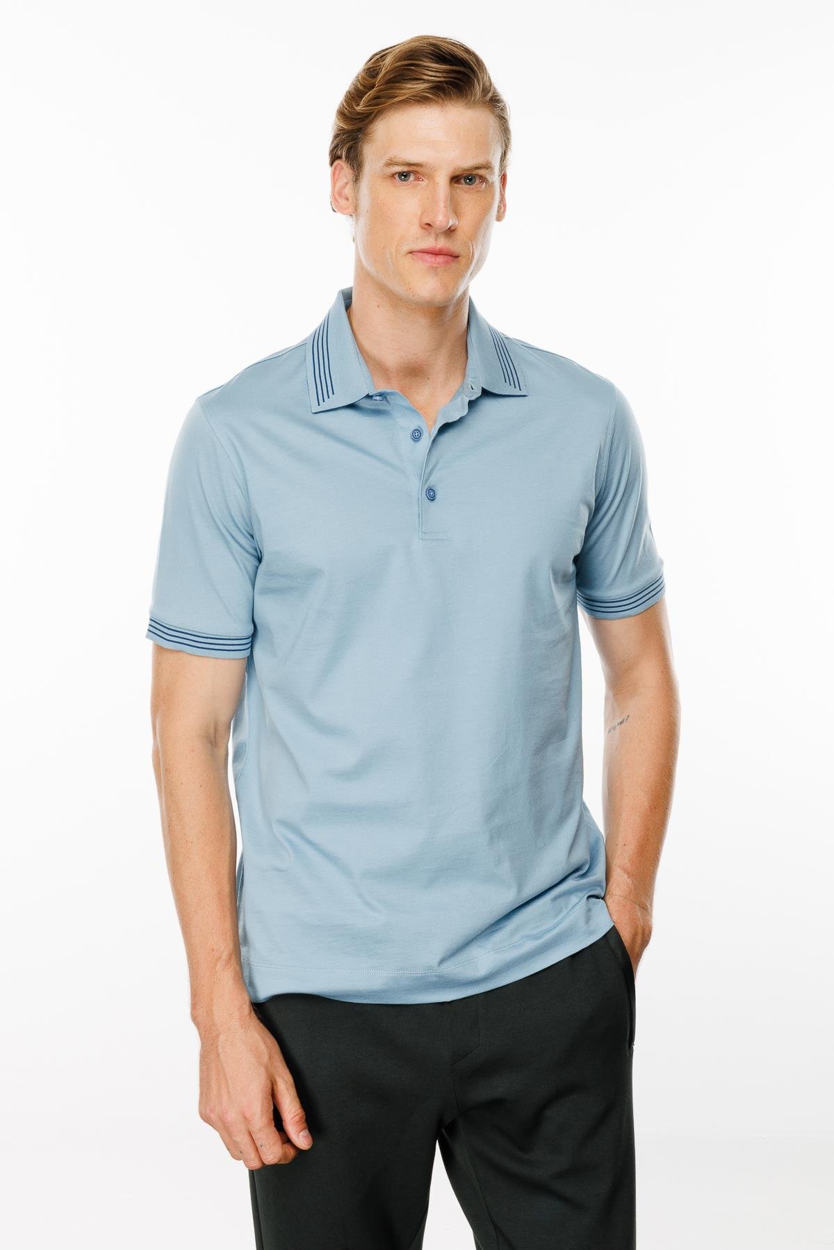 MTA 21Erkek Polo Yaka Yakası Şerit Desenli T-shirt Mavi