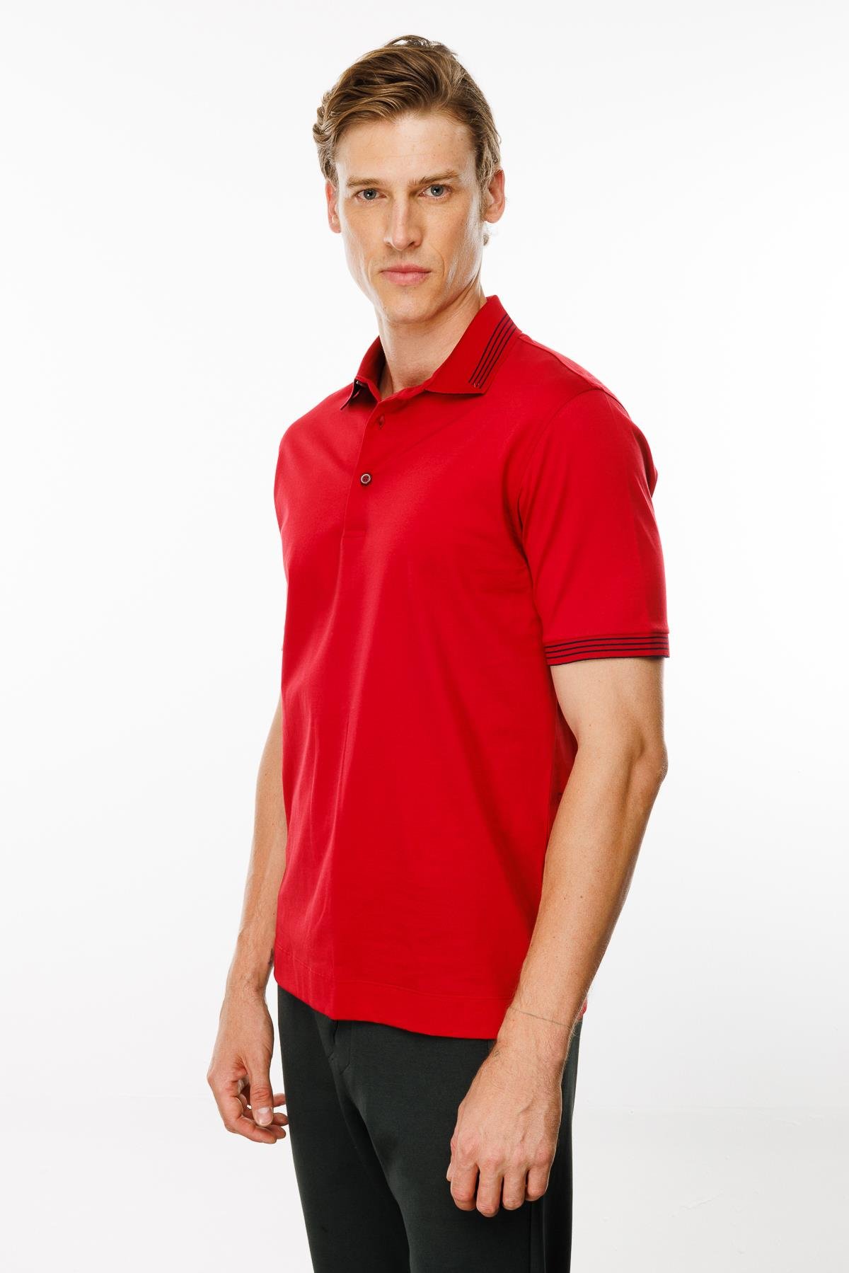 MTA 21Erkek Polo Yaka Yakası Şerit Desenli T-shirt Kırmızı