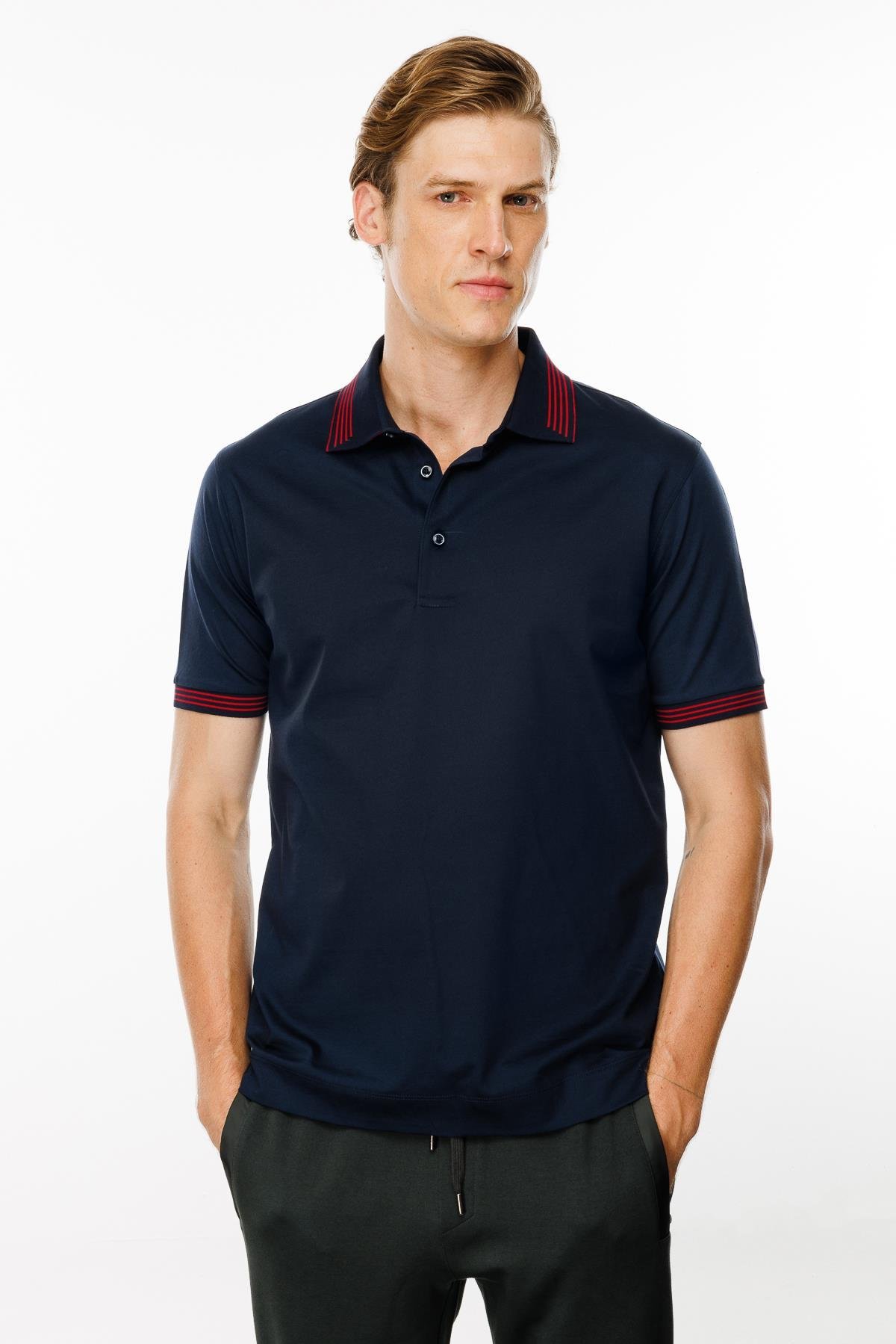 MTA 21Erkek Polo Yaka Yakası Şerit Desenli T-shirt Lacivert