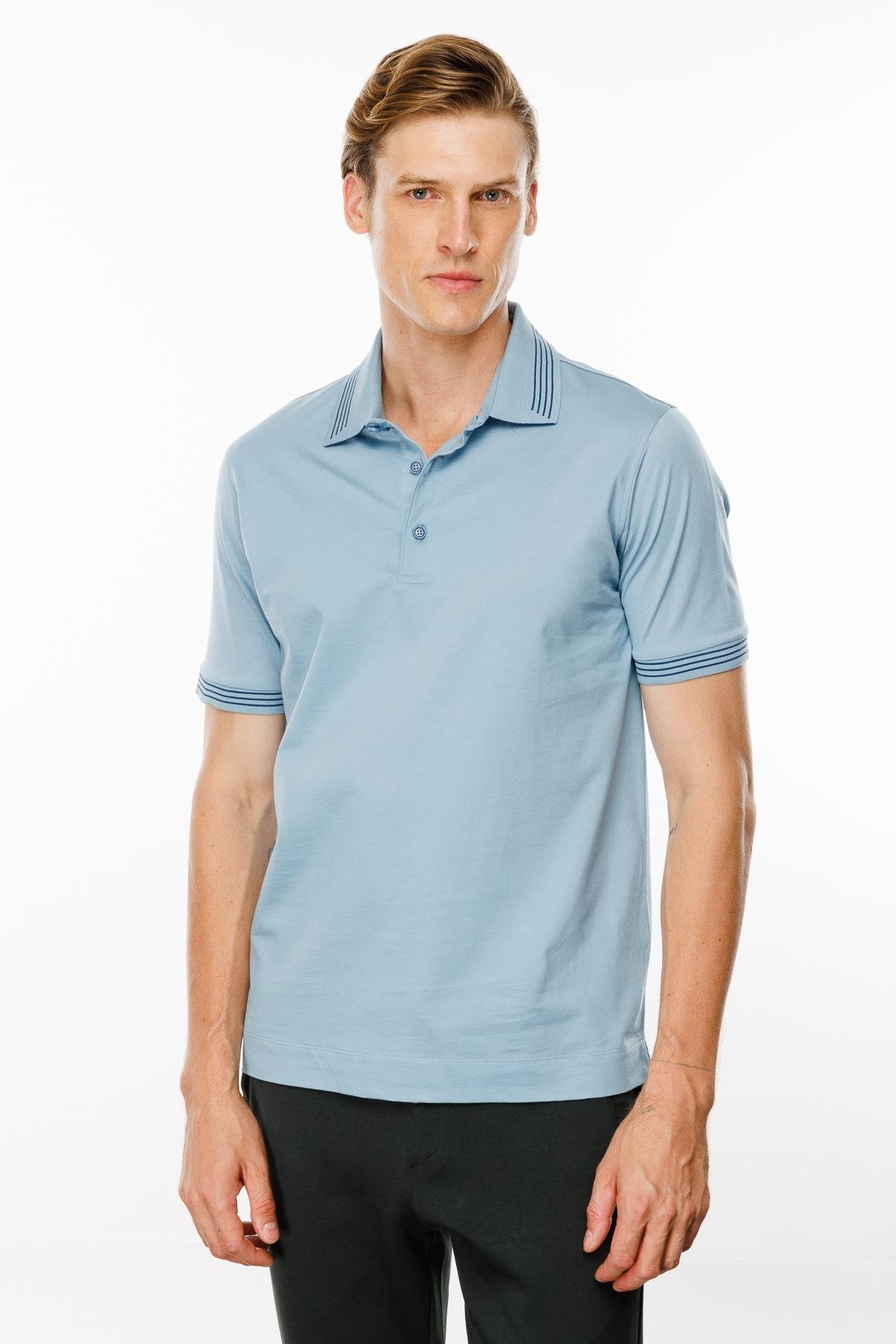 MTA 21Erkek Polo Yaka Yakası Şerit Desenli T-shirt Mavi