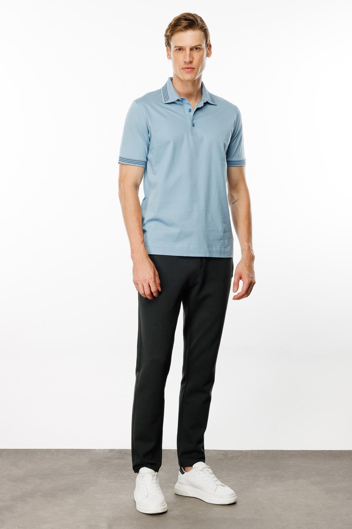 MTA 21Erkek Polo Yaka Yakası Şerit Desenli T-shirt Mavi