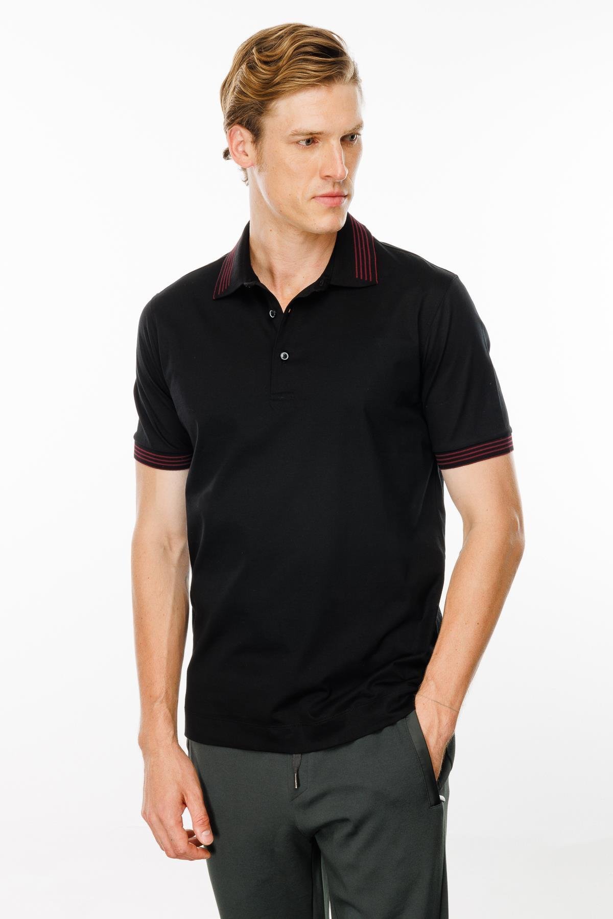 MTA 21Erkek Polo Yaka Yakası Şerit Desenli T-shirt Siyah