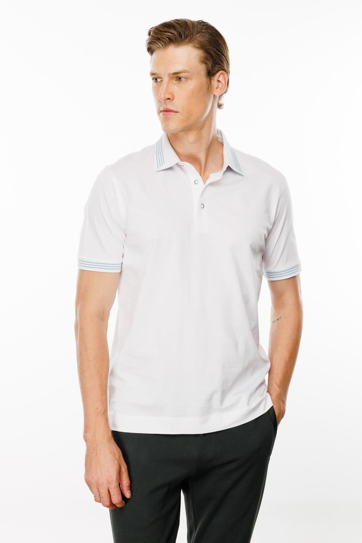 MTA 21Erkek Polo Yaka Yakası Şerit Desenli T-shirt Beyaz