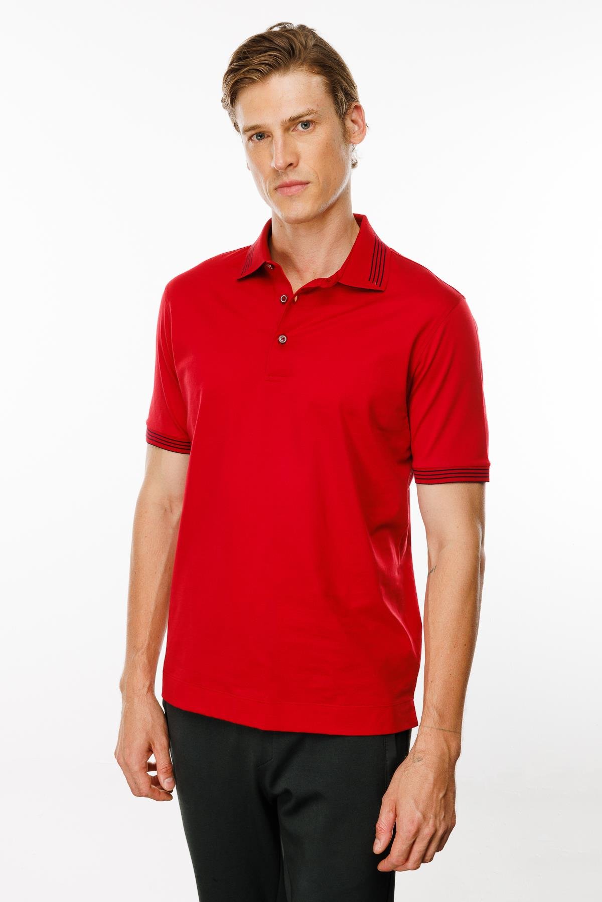 MTA 21Erkek Polo Yaka Yakası Şerit Desenli T-shirt Kırmızı