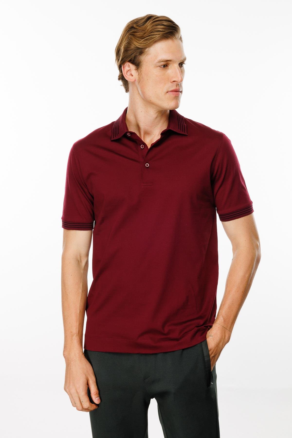 MTA 21Erkek Polo Yaka Yakası Şerit Desenli T-shirt Bordo