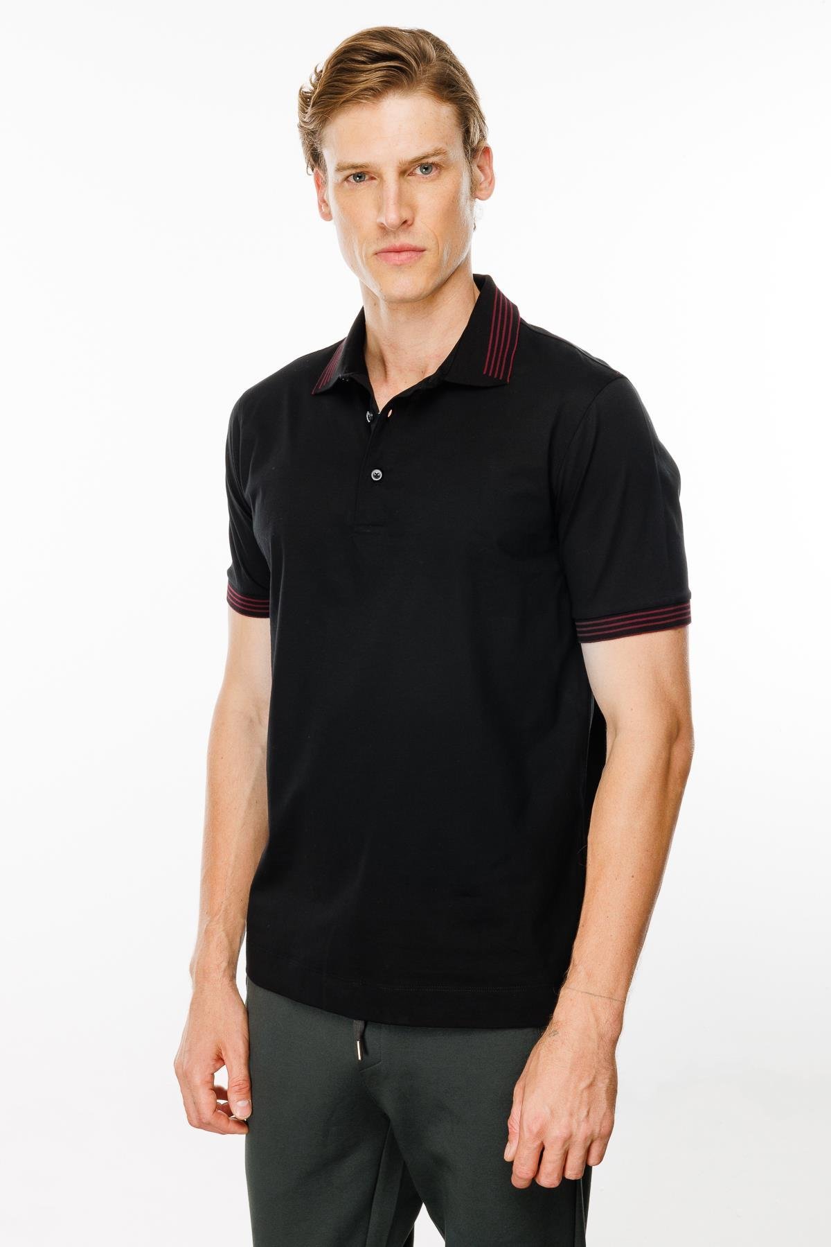 MTA 21Erkek Polo Yaka Yakası Şerit Desenli T-shirt Siyah