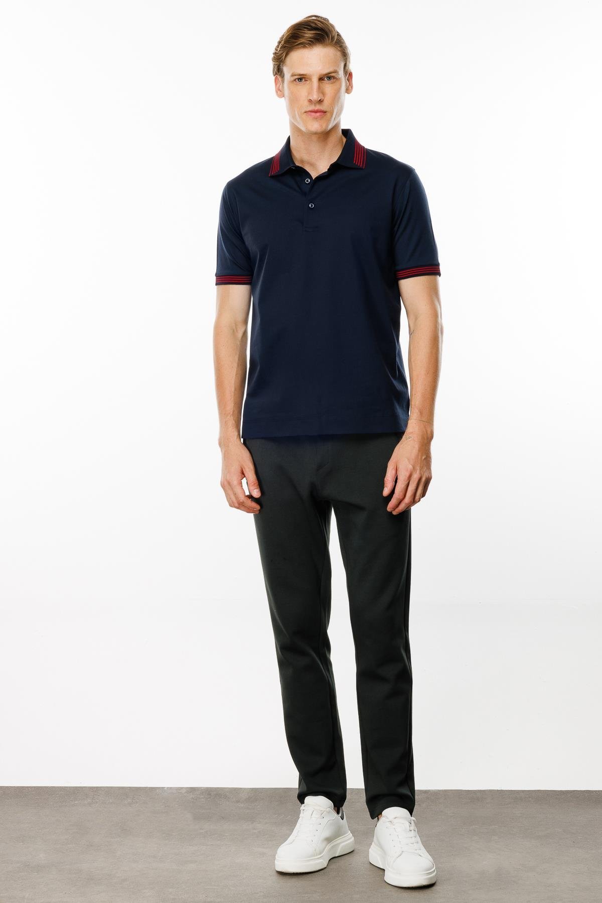 MTA 21Erkek Polo Yaka Yakası Şerit Desenli T-shirt Lacivert