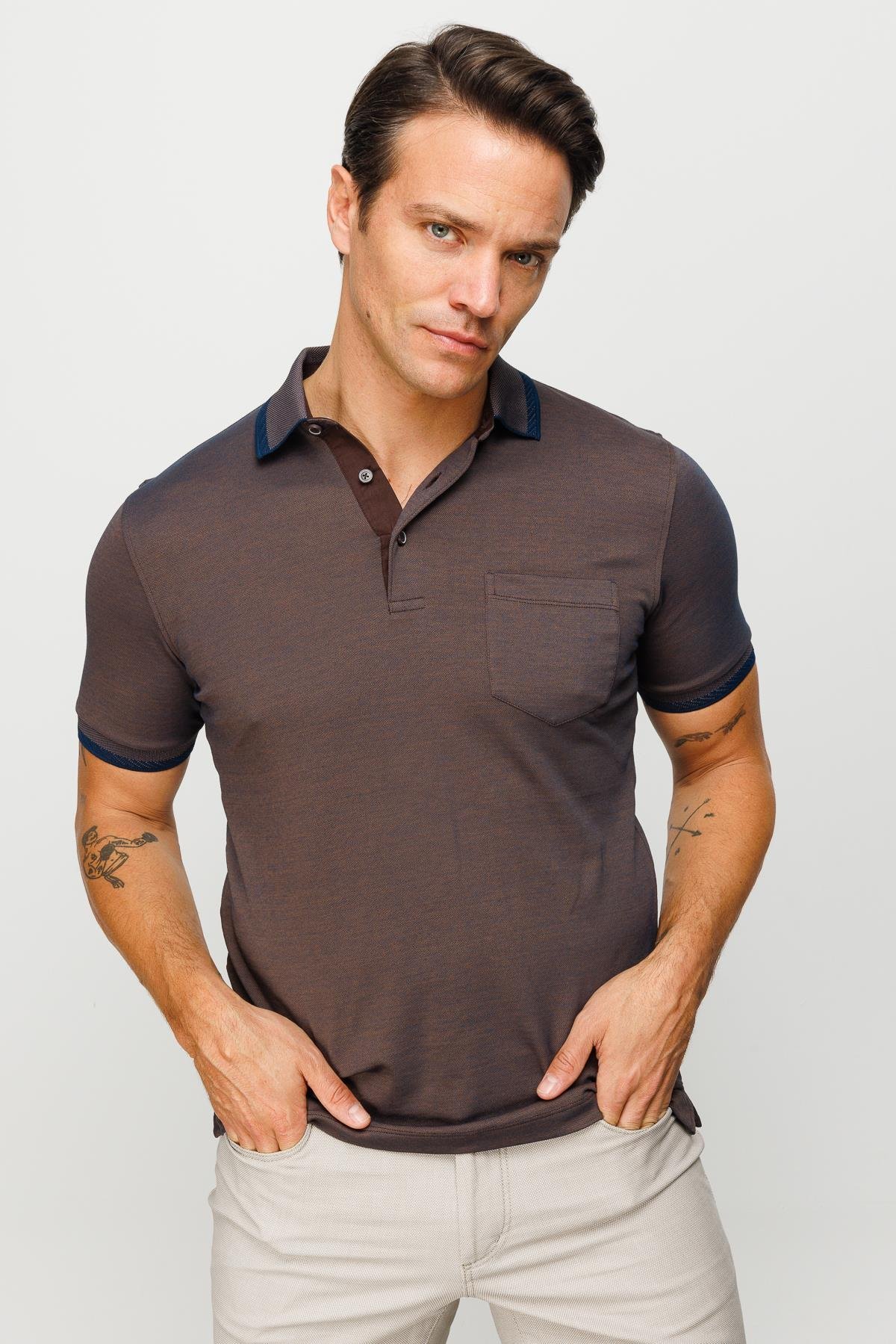 901Erkek Polo Yaka Yakası ve Kolu Triko Cepli Tshirt Kahve
