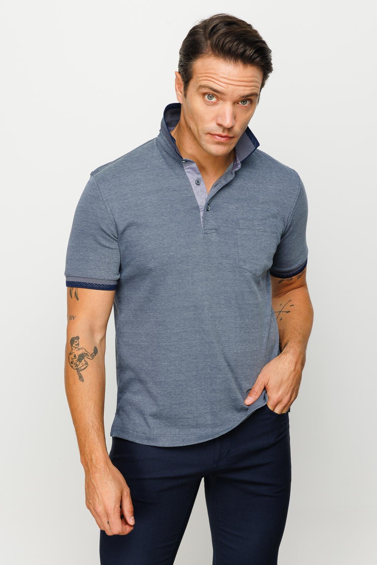 901Erkek Polo Yaka Yakası ve Kolu Triko Cepli Tshirt Füme