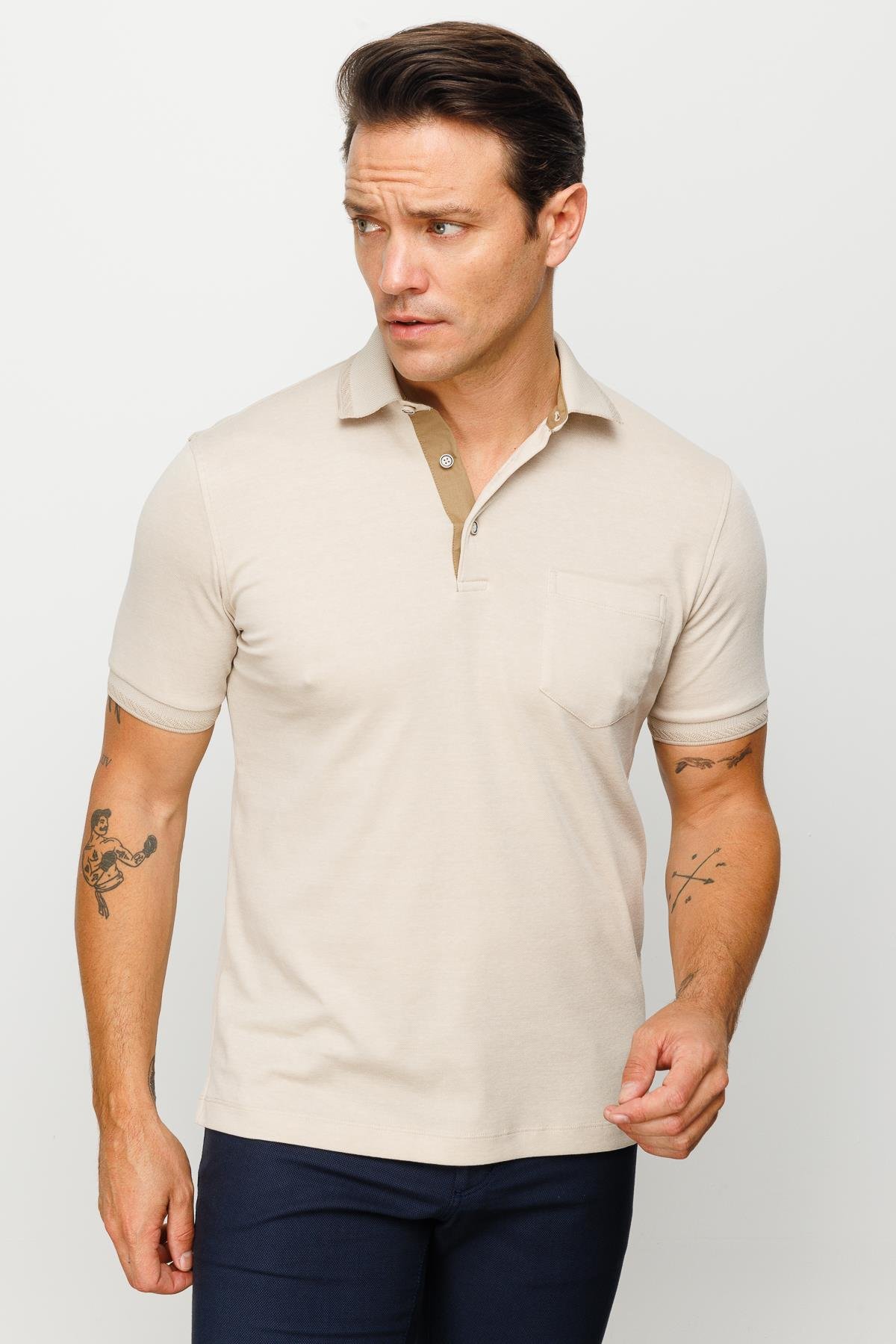 901Erkek Polo Yaka Yakası ve Kolu Triko Cepli Tshirt Bej