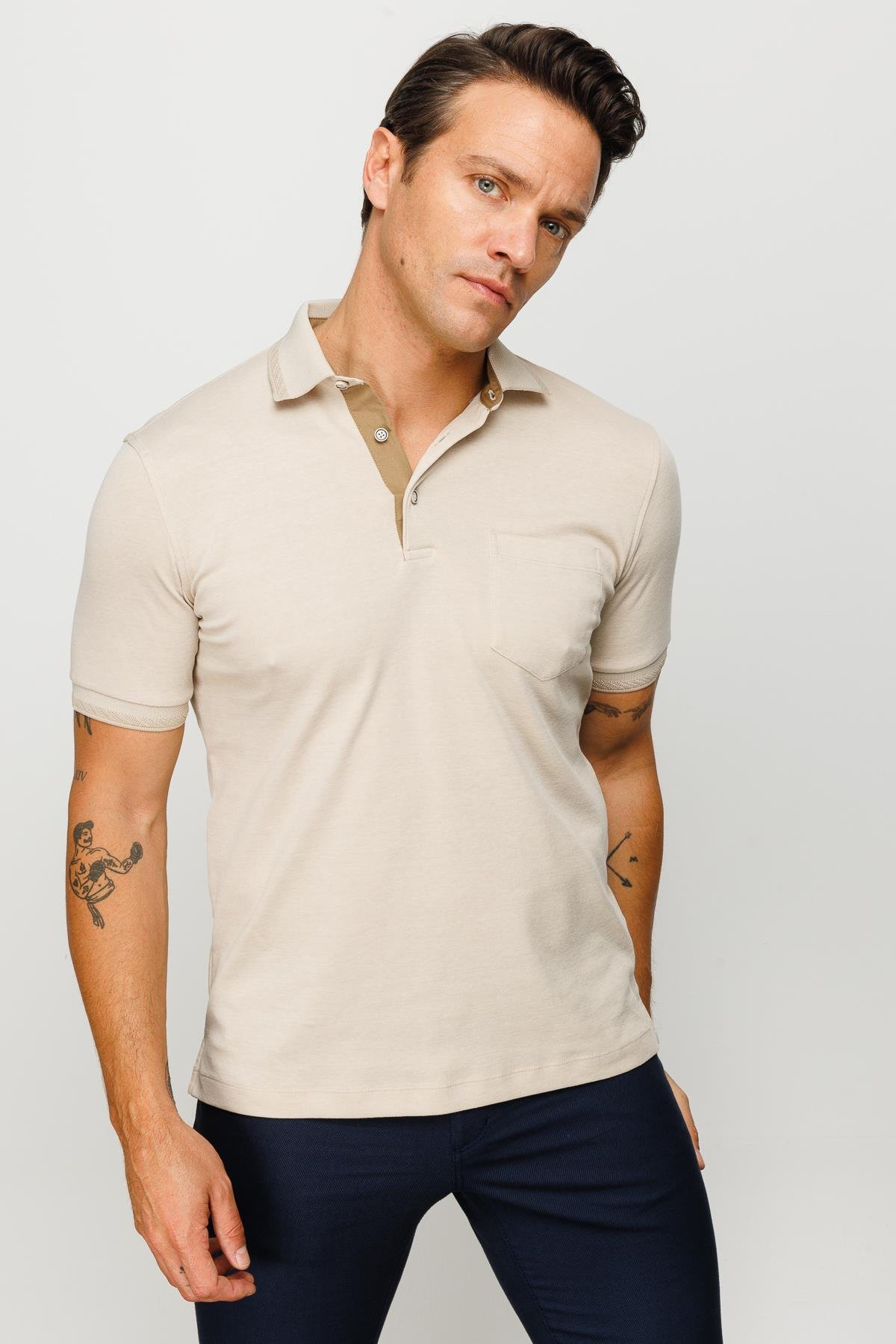 901Erkek Polo Yaka Yakası ve Kolu Triko Cepli Tshirt Bej