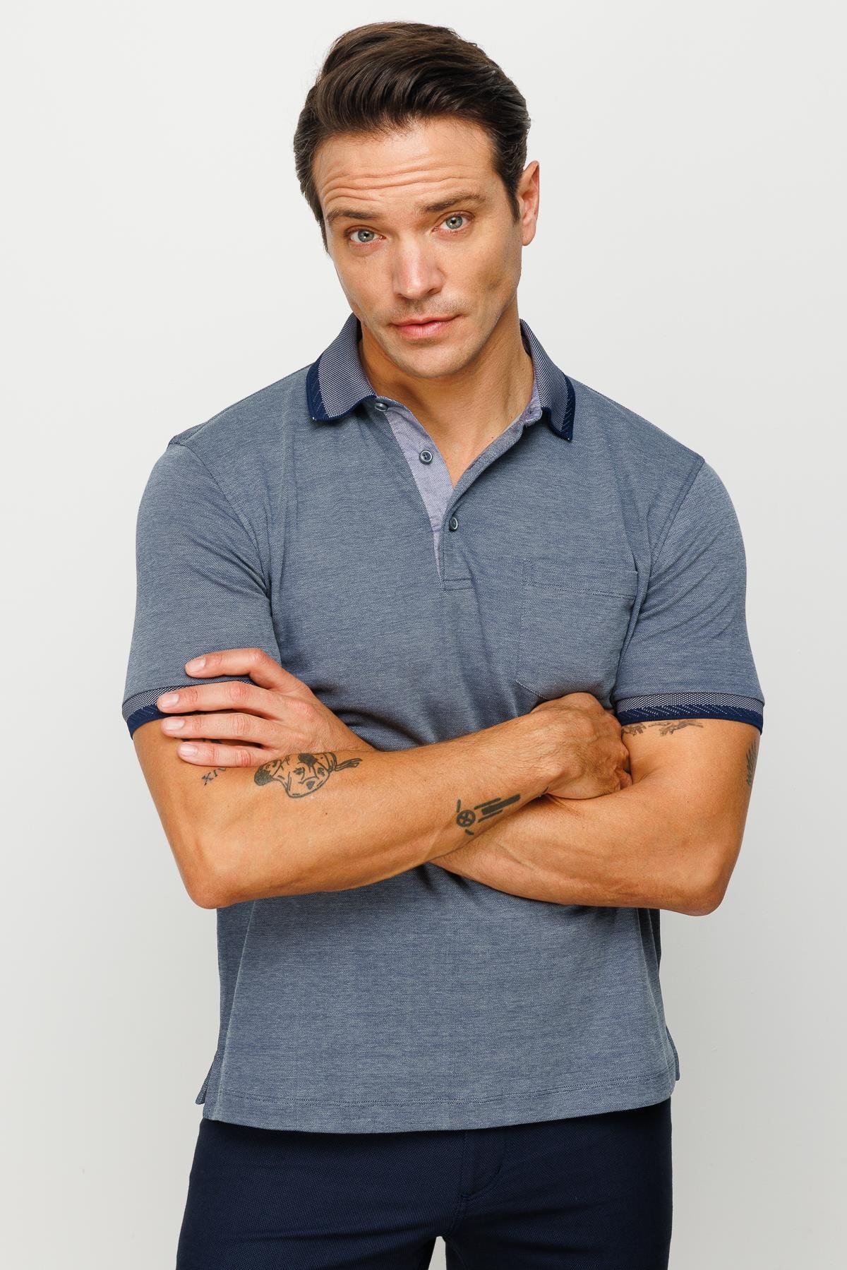 901Erkek Polo Yaka Yakası ve Kolu Triko Cepli Tshirt Füme