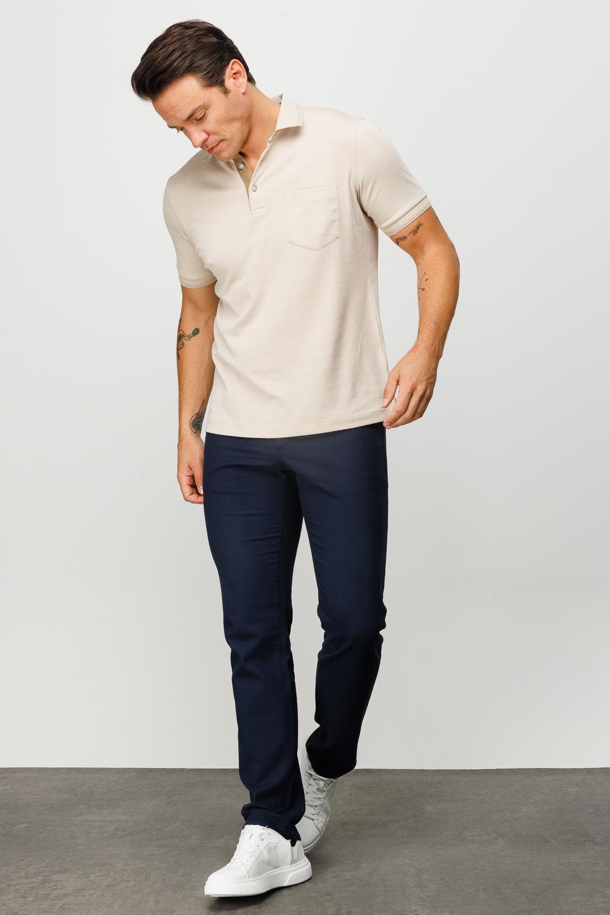 901Erkek Polo Yaka Yakası ve Kolu Triko Cepli Tshirt Bej