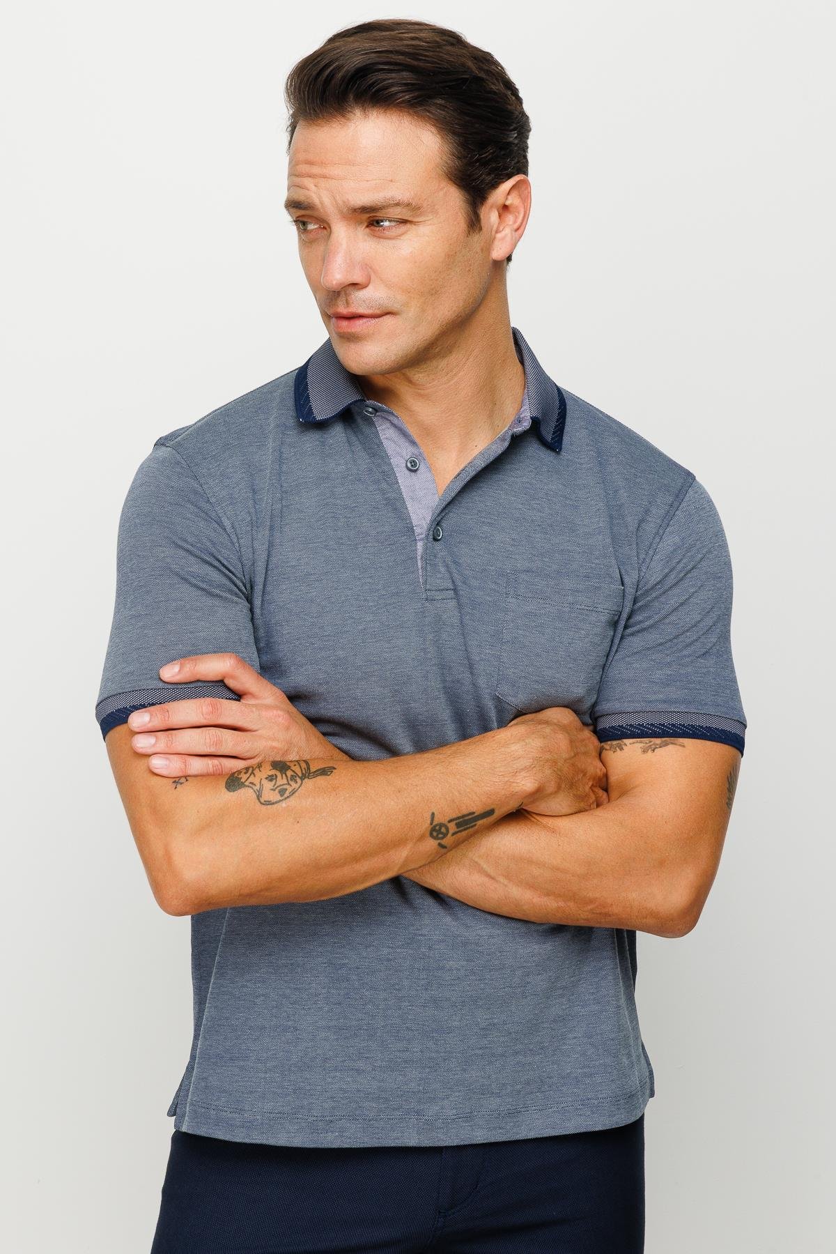 901Erkek Polo Yaka Yakası ve Kolu Triko Cepli Tshirt Füme