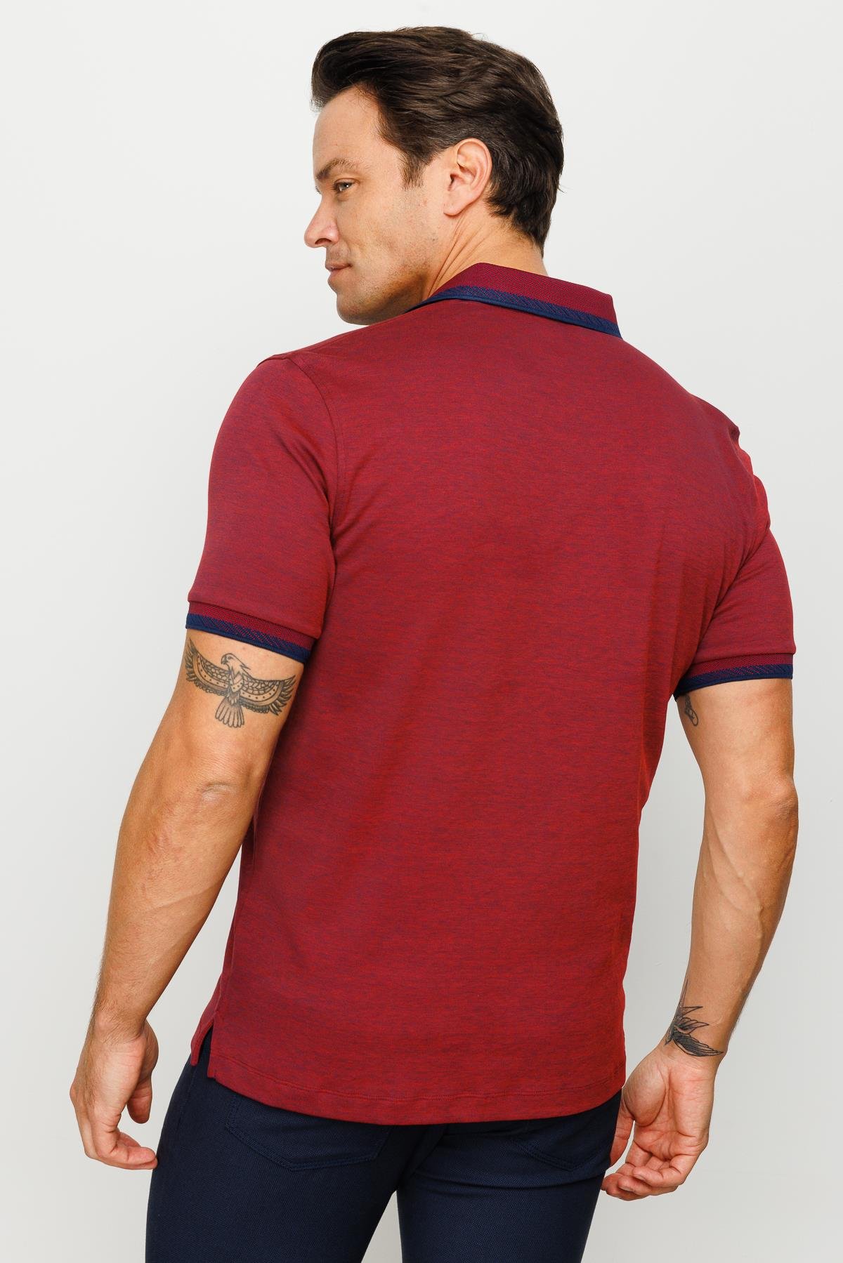 901Erkek Polo Yaka Yakası ve Kolu Triko Cepli T-shirt Bordo
